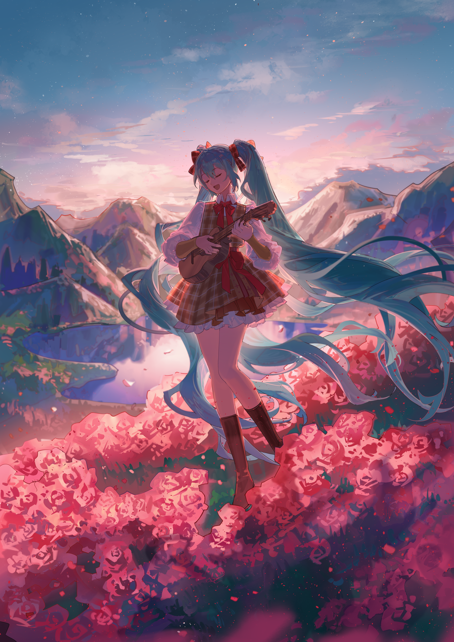 Anime 1447x2046 anime Pixiv anime girls Vocaloid Hatsune Miku mountains closed eyes twintails blue hair portrait display sunset sunset glow sky clouds flowers water reflection frills musical instrument ukulele Shuno (artist)