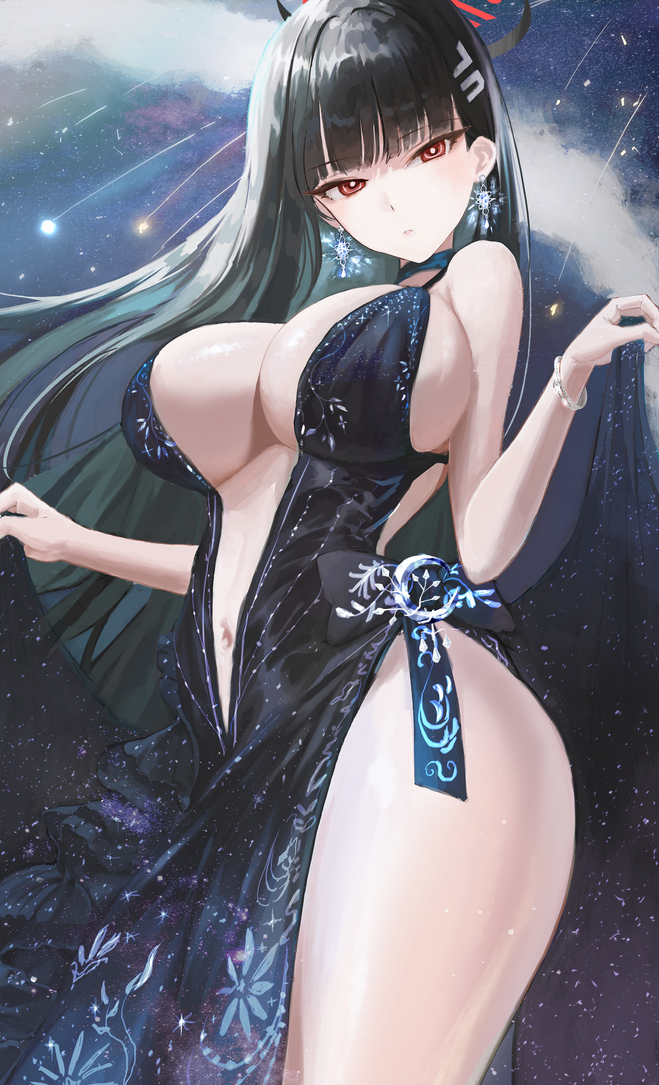 Anime 2116x3485 Blue Archive black dress portrait display anime girls Tsukatsuki Rio black hair long hair huge breasts looking at viewer hair clip hair ornament belly button Milky Way meteor streak red eyes cocktail dress Egoswans starred sky starry night lifting dress dress alternate costume glowing earrings night stars women outdoors thighs partially clothed