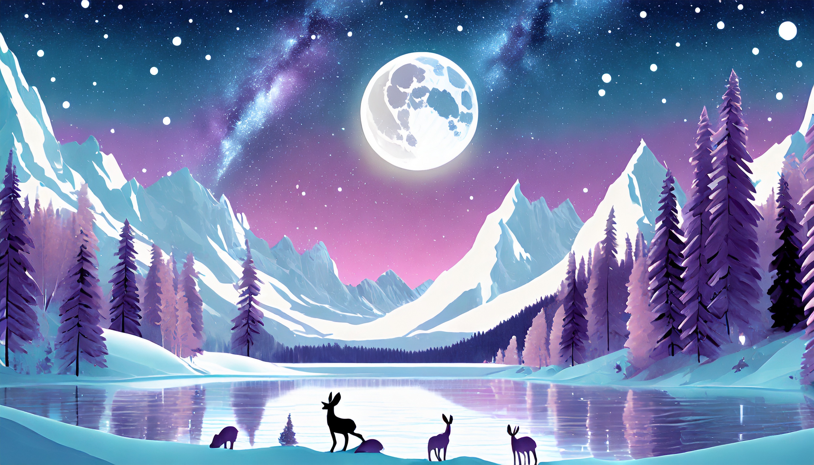 General 2688x1536 AI art violet (color) snow Moon water sky stars trees nature mountains animals night lake reflection outdoors digital art
