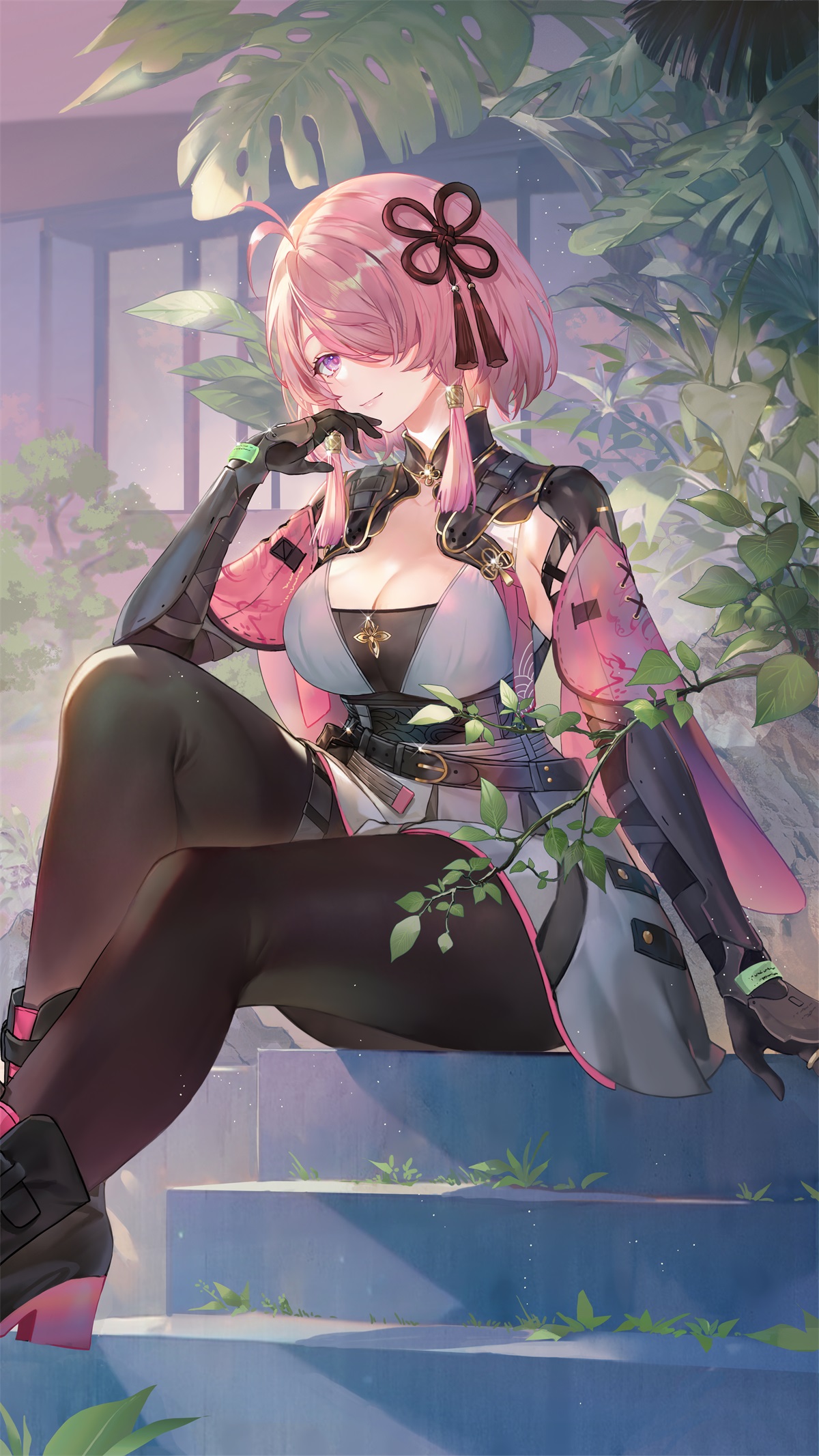 Anime 1200x2133 anime Pixiv Criin Taoqi (Wuthering Waves) Wuthering Waves stairs sitting looking at viewer hair over one eye pink hair purple eyes leaves cleavage sunlight portrait display short hair anime girls tassels