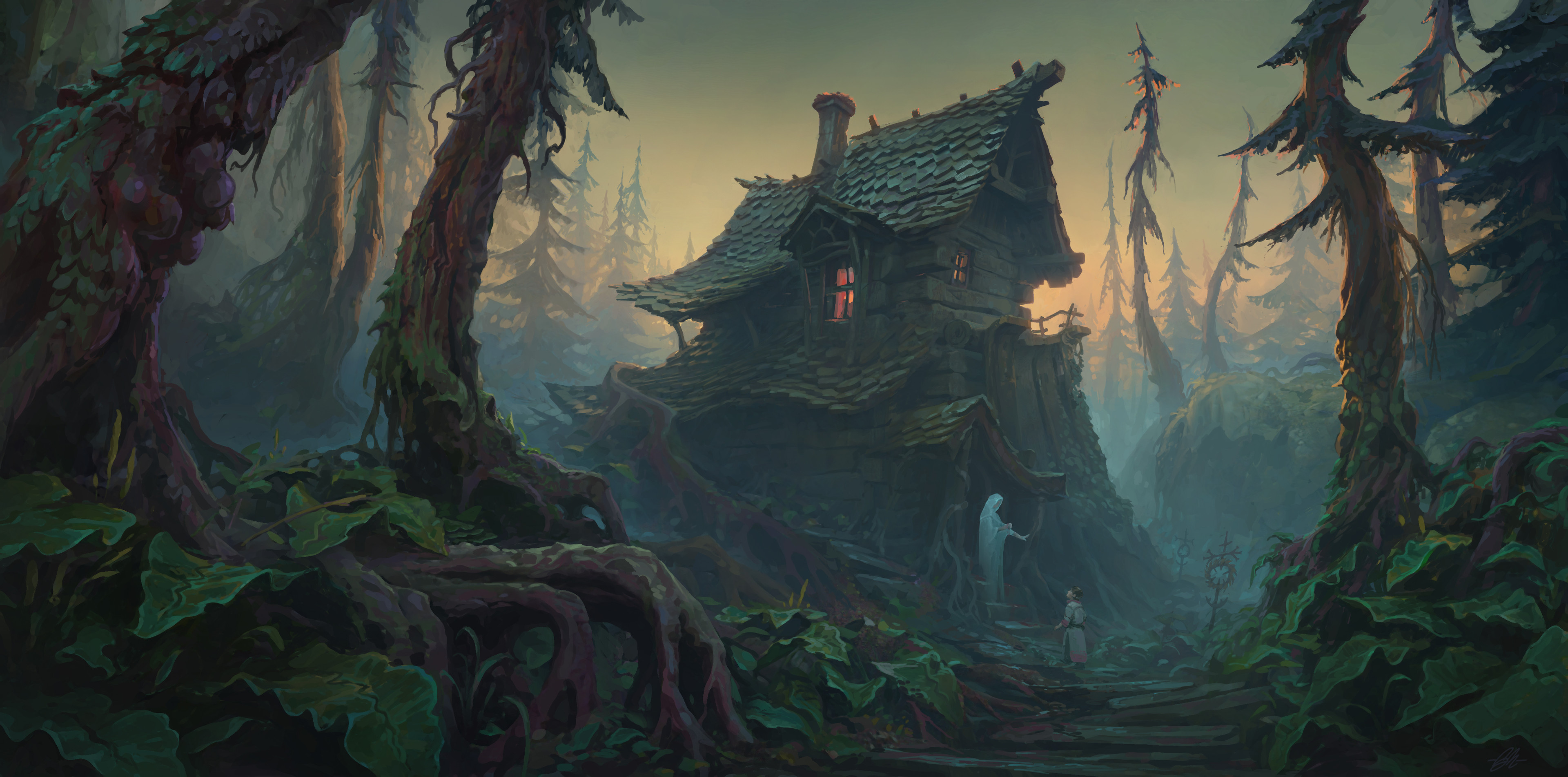 General 3840x1902 Gabriel Nagypal drawing house trees forest plants baba yaga haunted mansion leaves digital art