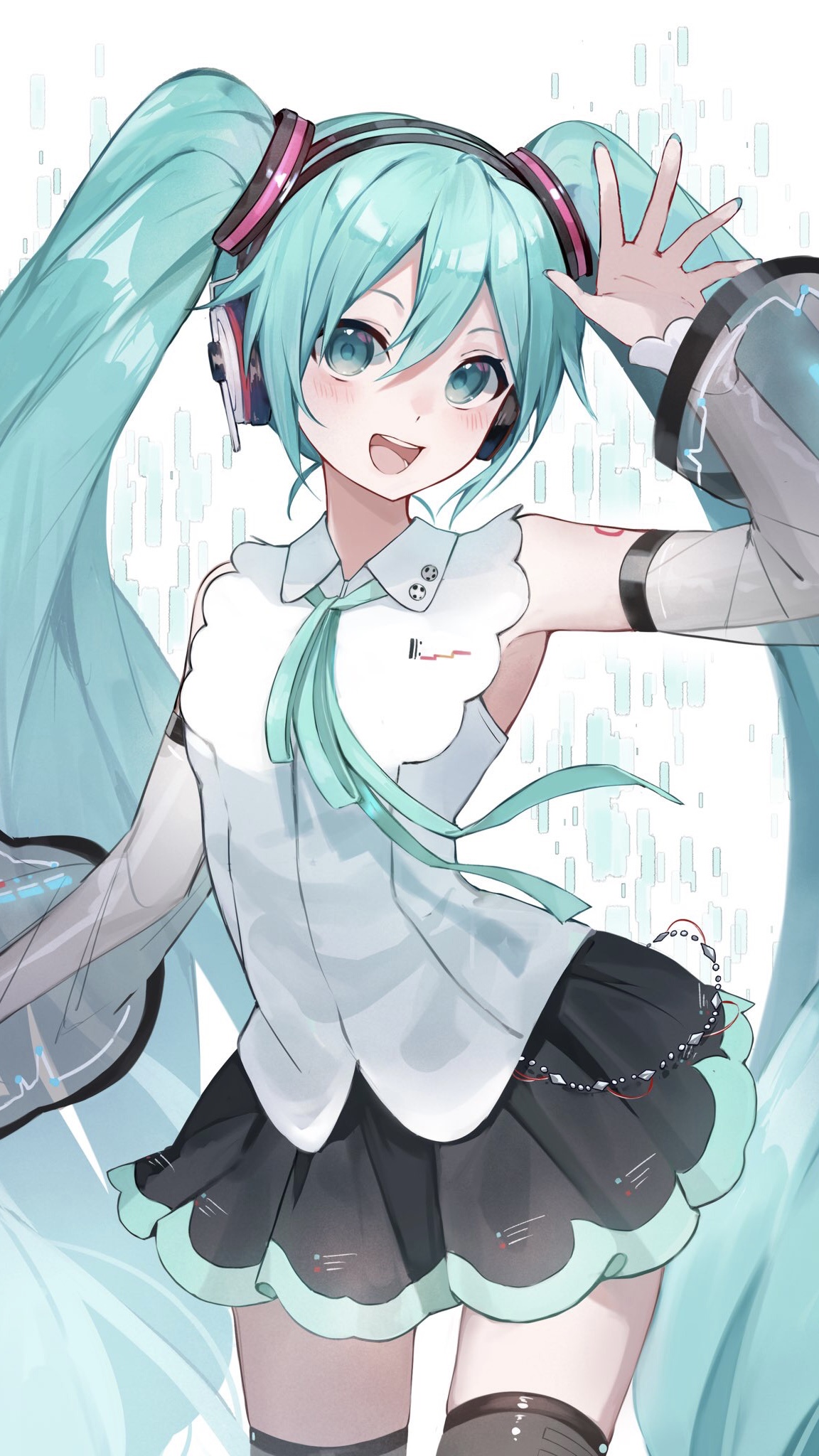 Anime 1152x2048 anime girls portrait display Hatsune Miku Vocaloid twintails long hair blue hair blue eyes looking at viewer smiling open mouth blushing headphones skirt frills simple background