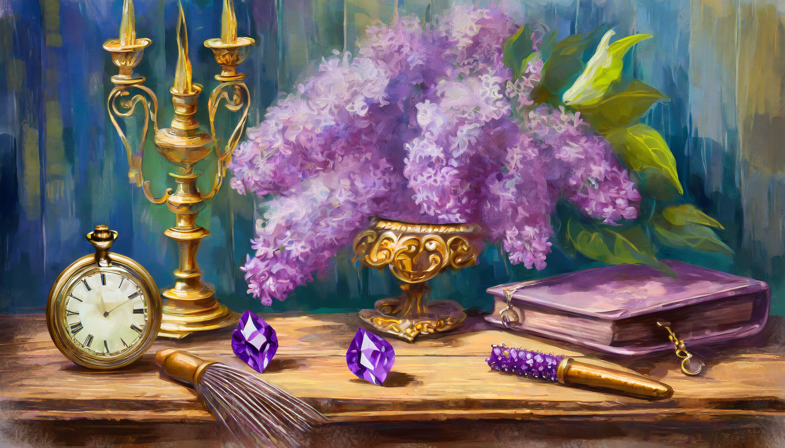 General 2688x1536 AI art digital art lilac plants candles books gold Vanitas