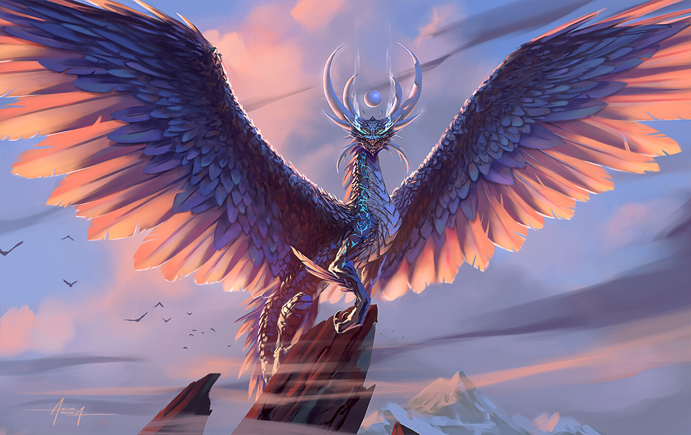 General 1400x881 artwork digital art fantasy art dragon creature wings sky clouds signature looking at viewer horns Asur Misoa