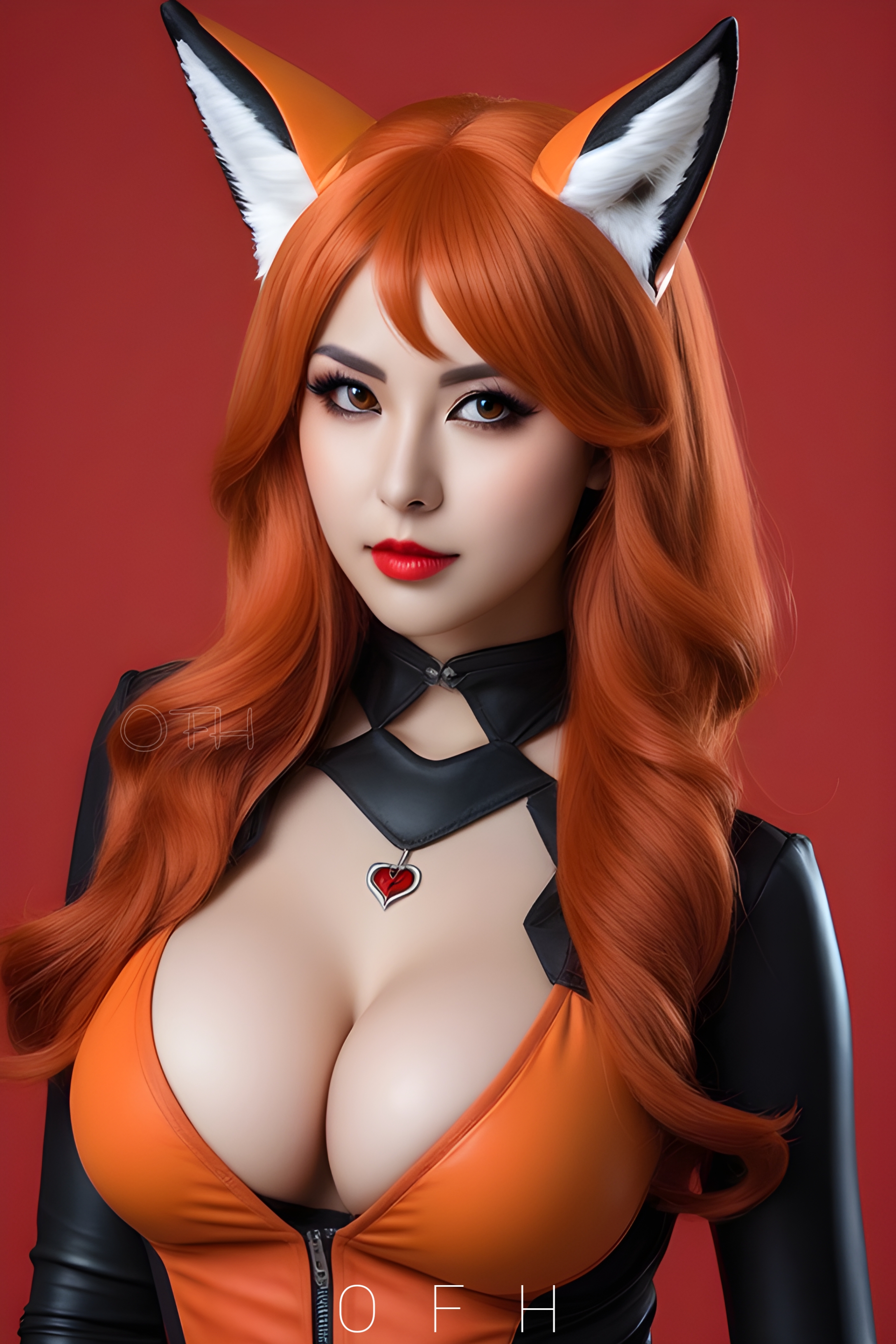 General 2176x3264 OneFinalHug AI art Fox woman fictional cosplay looking at viewer huge breasts Asian digital art fantasy art cleavage minimalism simple background lipstick closed mouth long hair fox ears