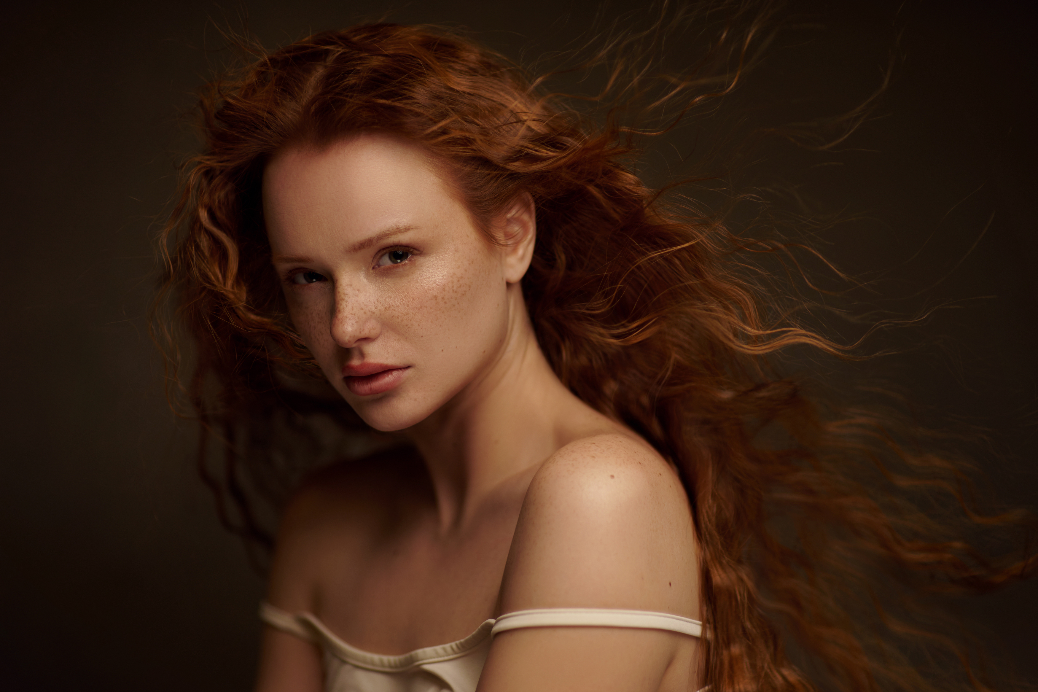 People 3500x2333 Rustam Rakhimov women redhead long hair freckles portrait wind wavy hair Elena Lipirova