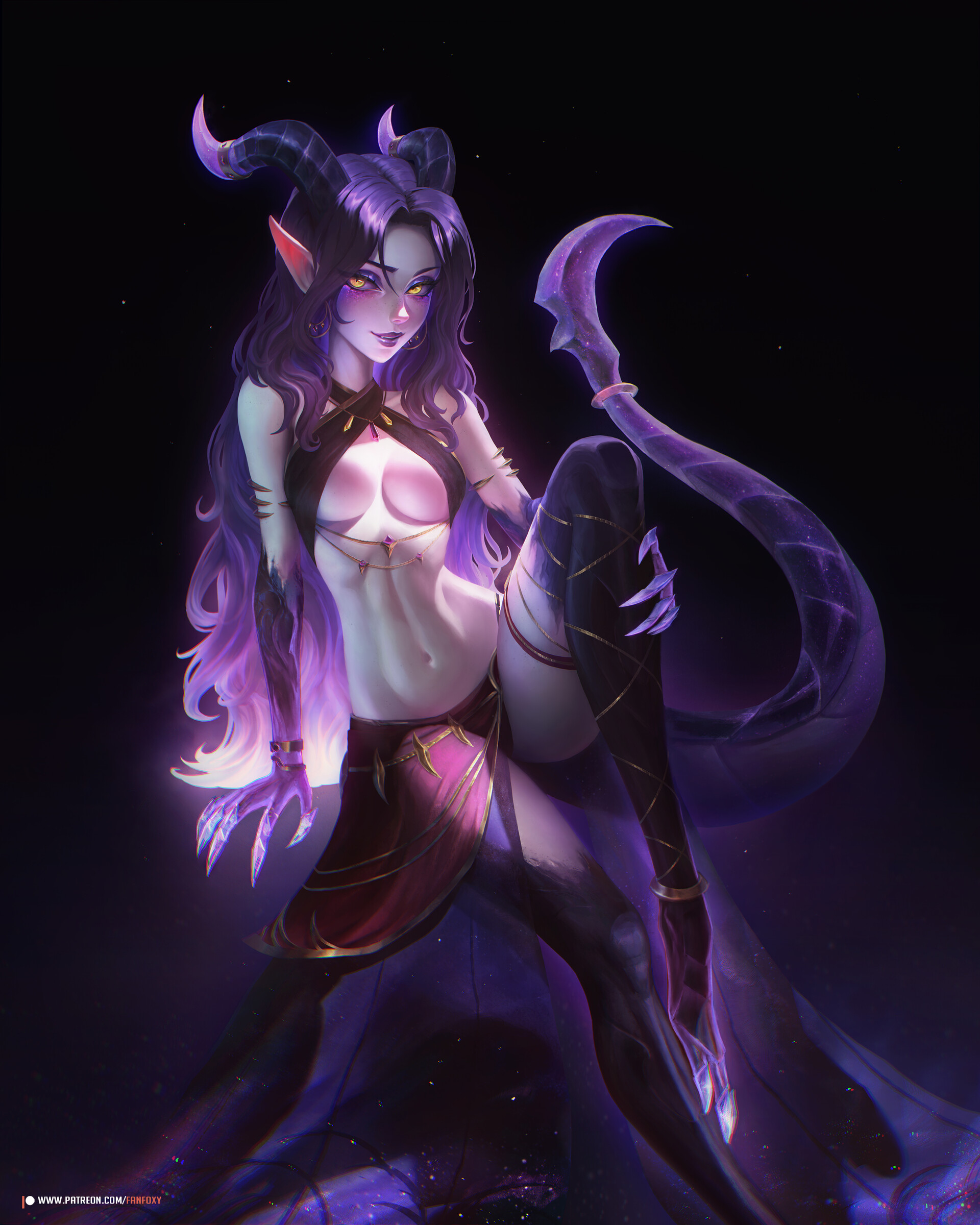 General 1920x2400 Fanfoxy drawing women horns purple fantasy art skimpy clothes pointy ears portrait display fantasy girl cleavage purple hair yellow eyes minimalism black background big boobs belly