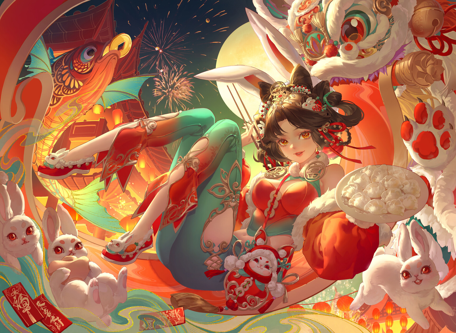 General 1920x1400 digital art artwork illustration women bunny ears dragon anime girls fireworks animals fish rabbits China chinese new year