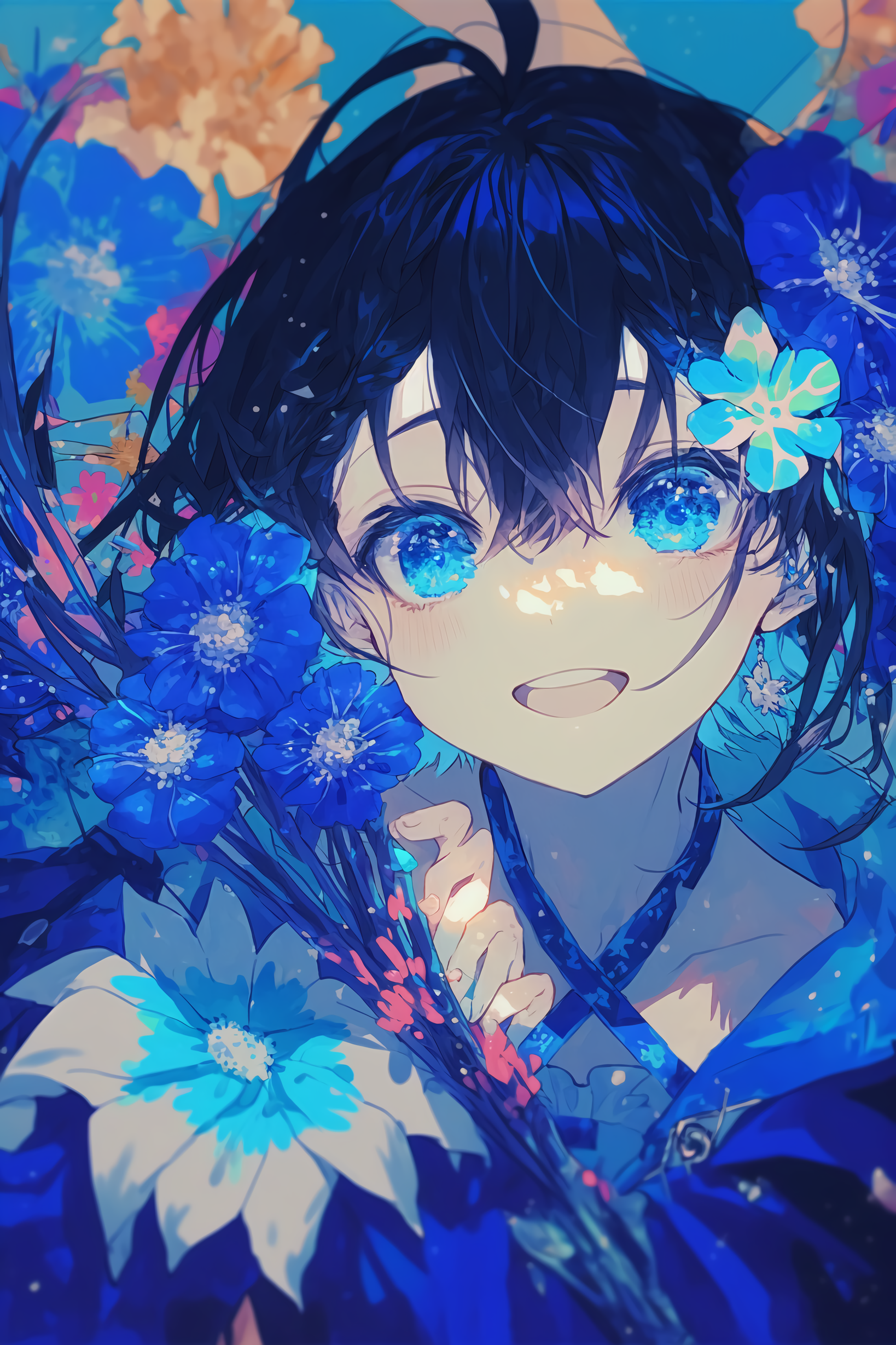 Anime 1638x2457 anime girls blue eyes flowers AI art smiling dark blue hair flower in hair portrait display