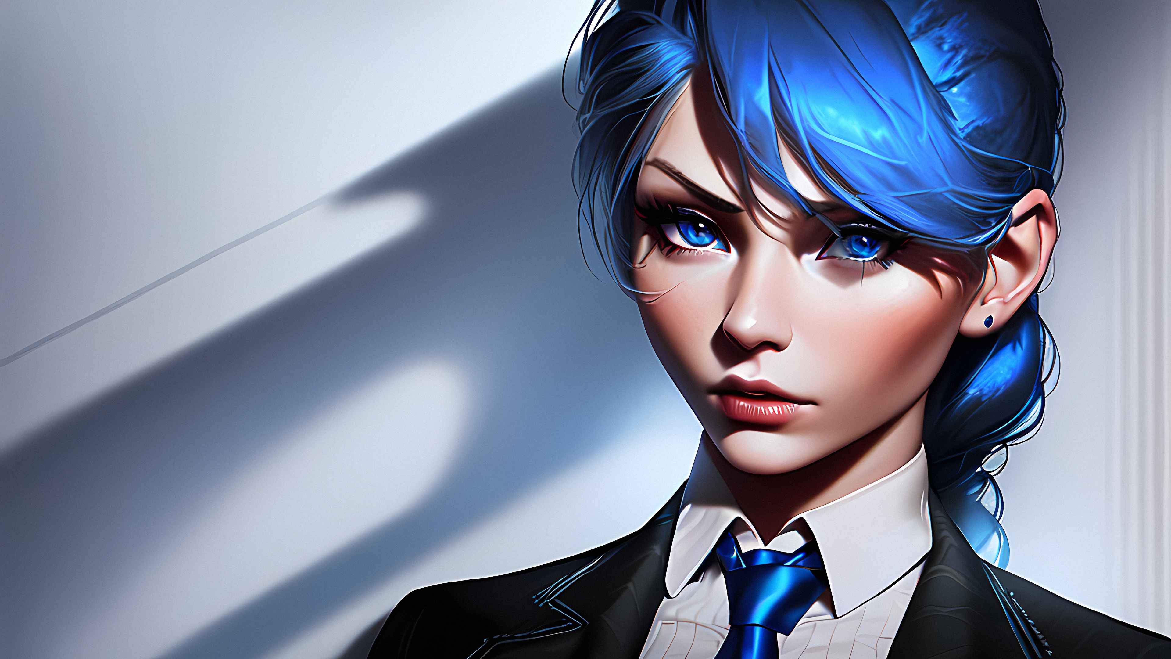 General 3840x2160 Stable Diffusion 4K blue blue hair blue eyes women AI art parted lips simple background face
