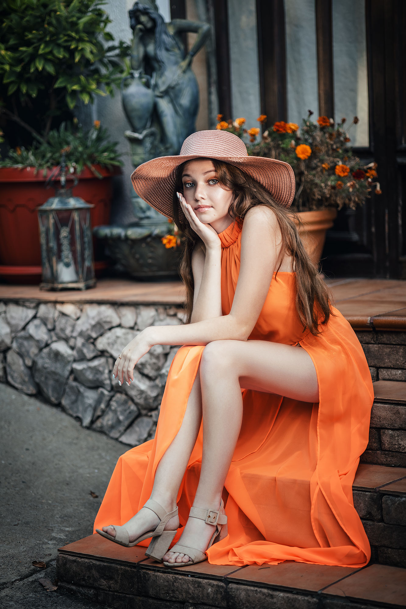 People 1333x2000 Irina Mukhina women brunette hat legs orange clothing dress flowers stairs orange dress women with hats