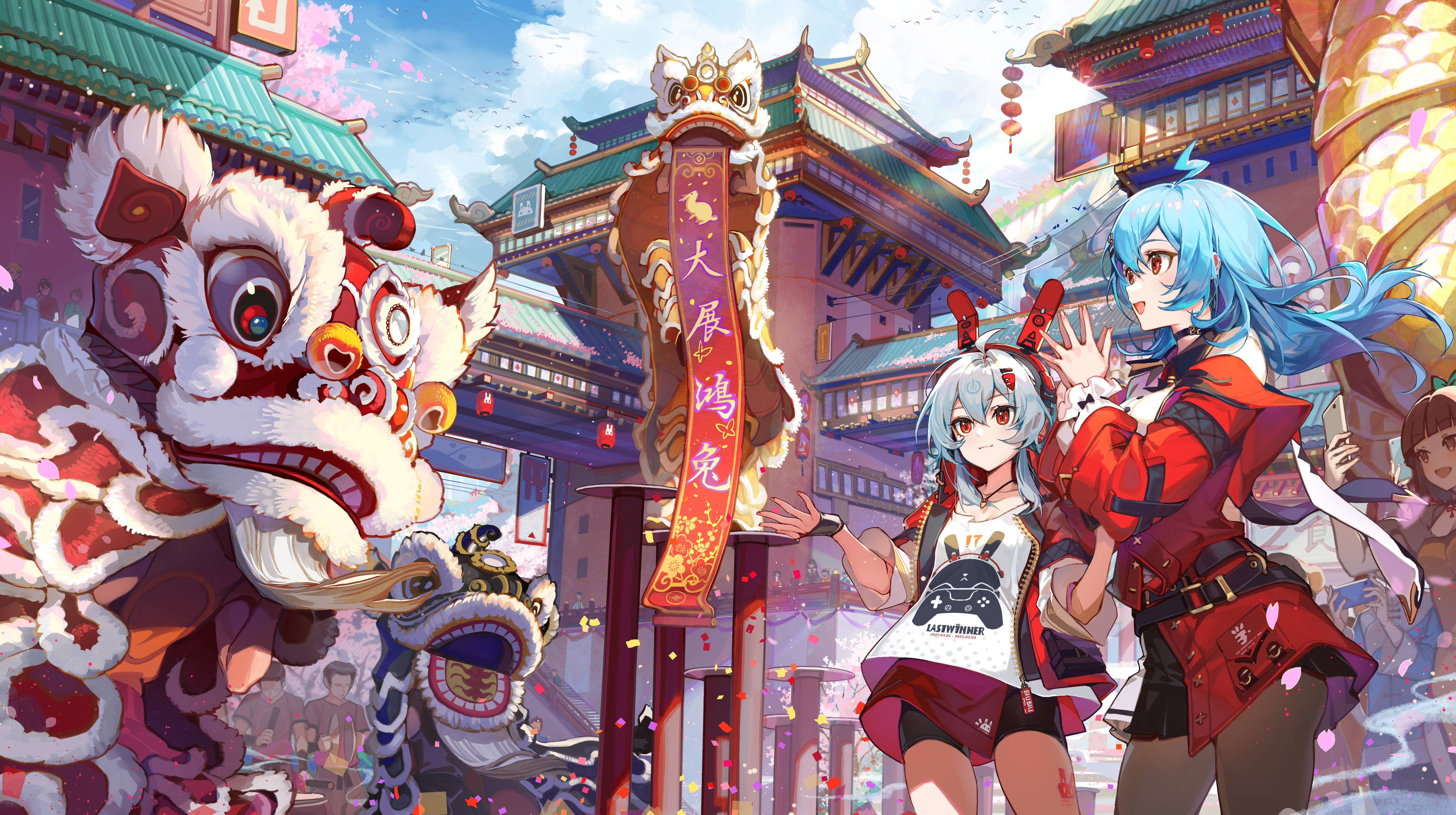 Anime 4500x2520 two women New Year antithetical couplet chinese new year anime girls petals