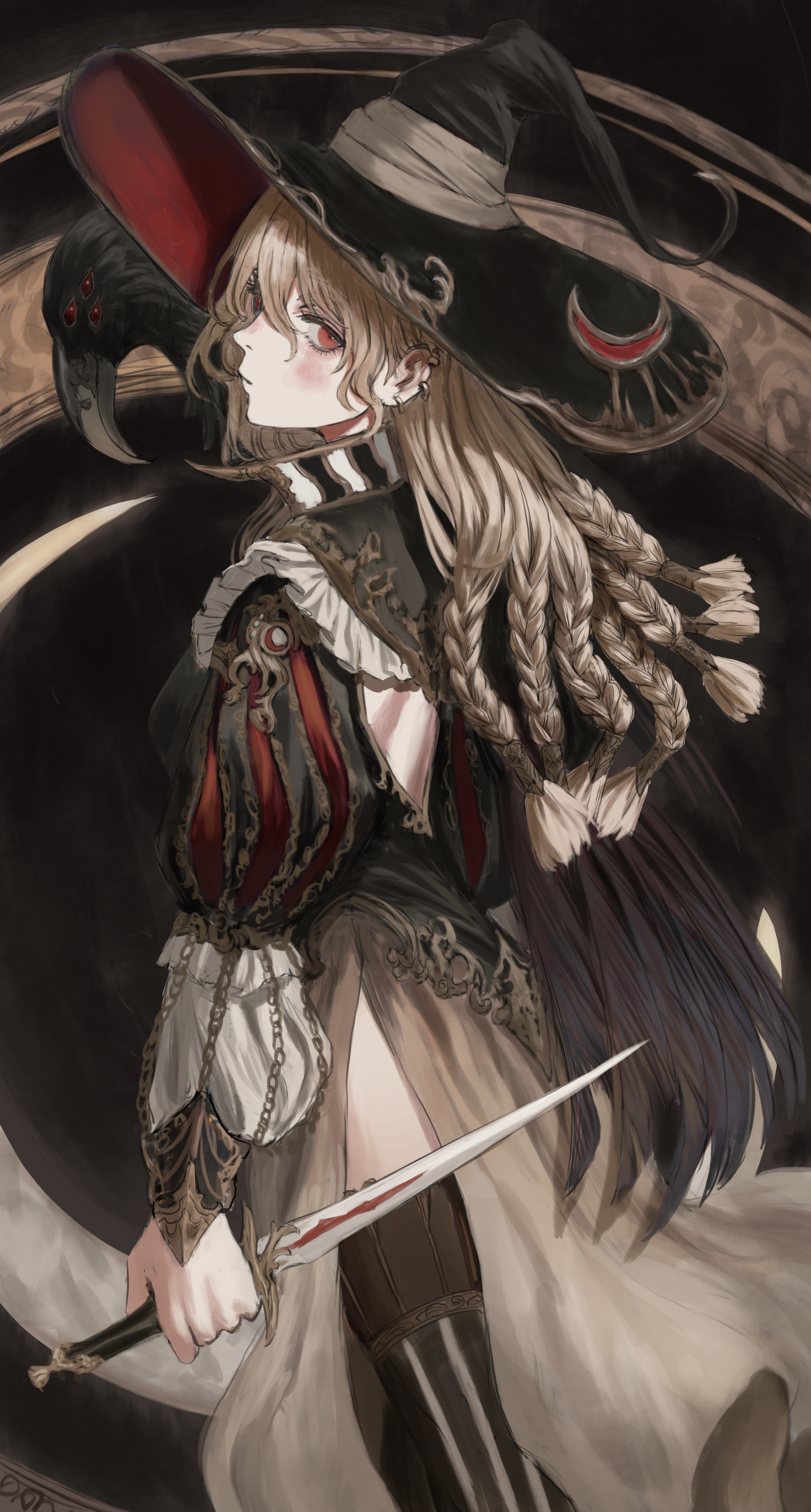 Anime 1772x3303 anime girls Goldcan witch portrait display witch hat looking at viewer braids crow birds weapon dagger