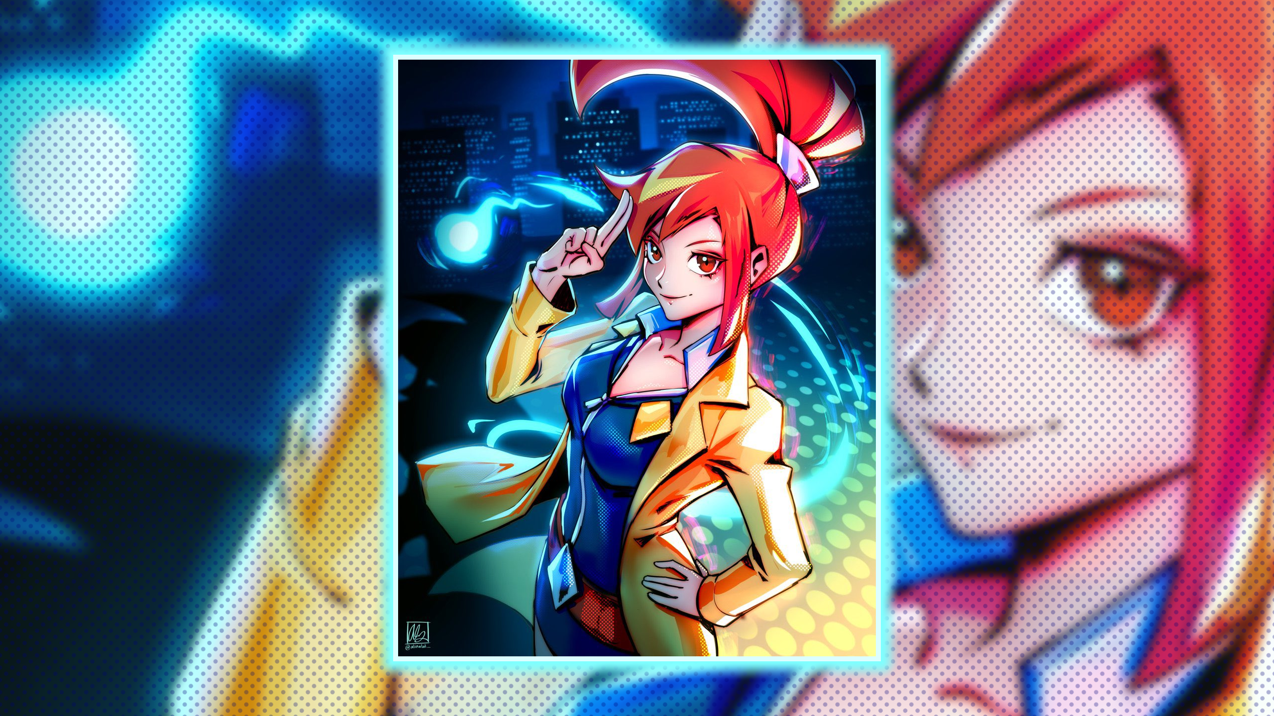 redhead, long hair, fictional character, detectives, hands on hips, looking  at viewer, video games, Ghost Trick: Phantom Detective, video game girls,  ghost, belt, jacket, yellow jacket, skyline, building, skyscraper, Capcom,  Nintendo DS,