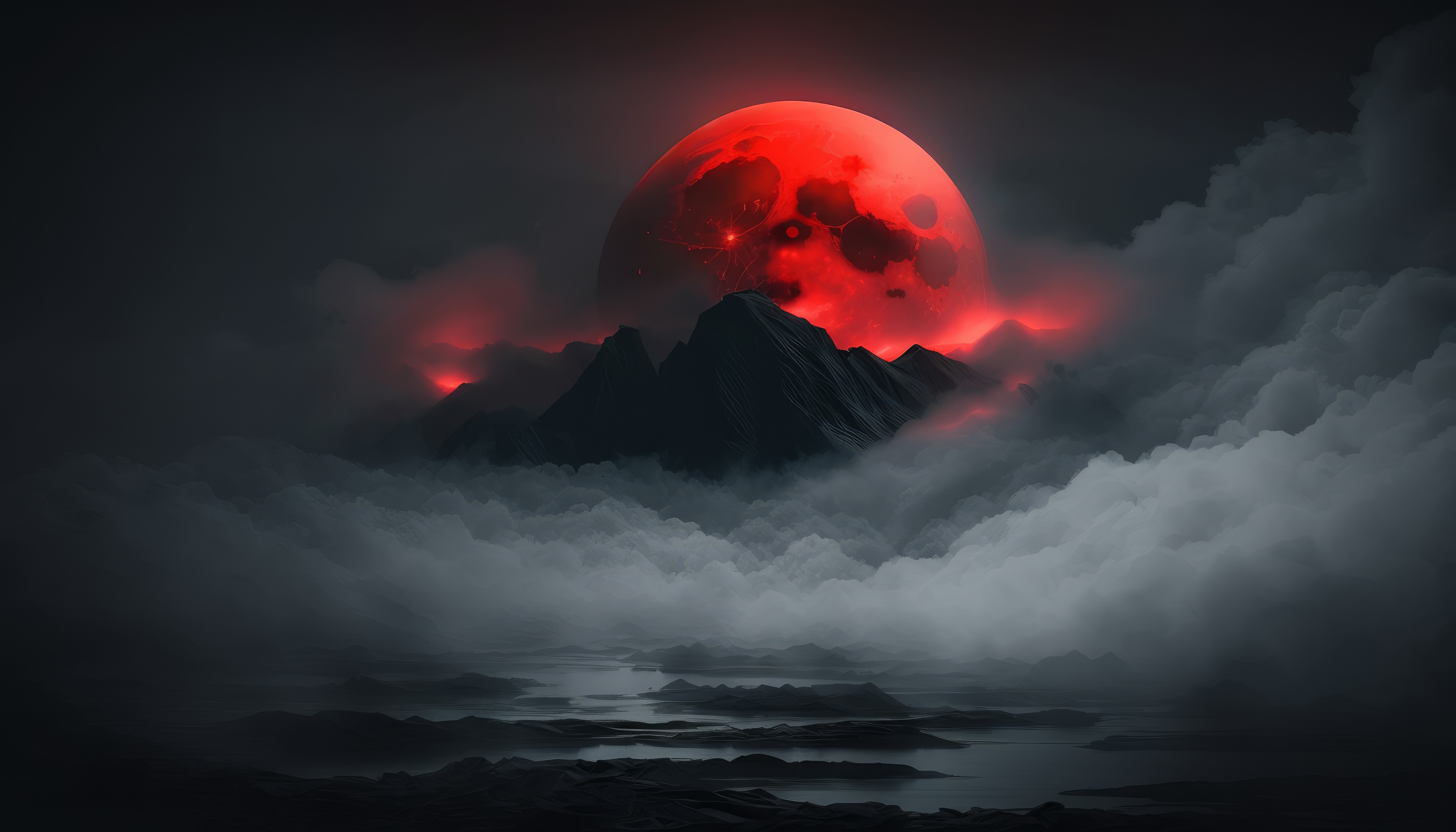 General 4579x2616 mist clouds mountains water nature AI art red