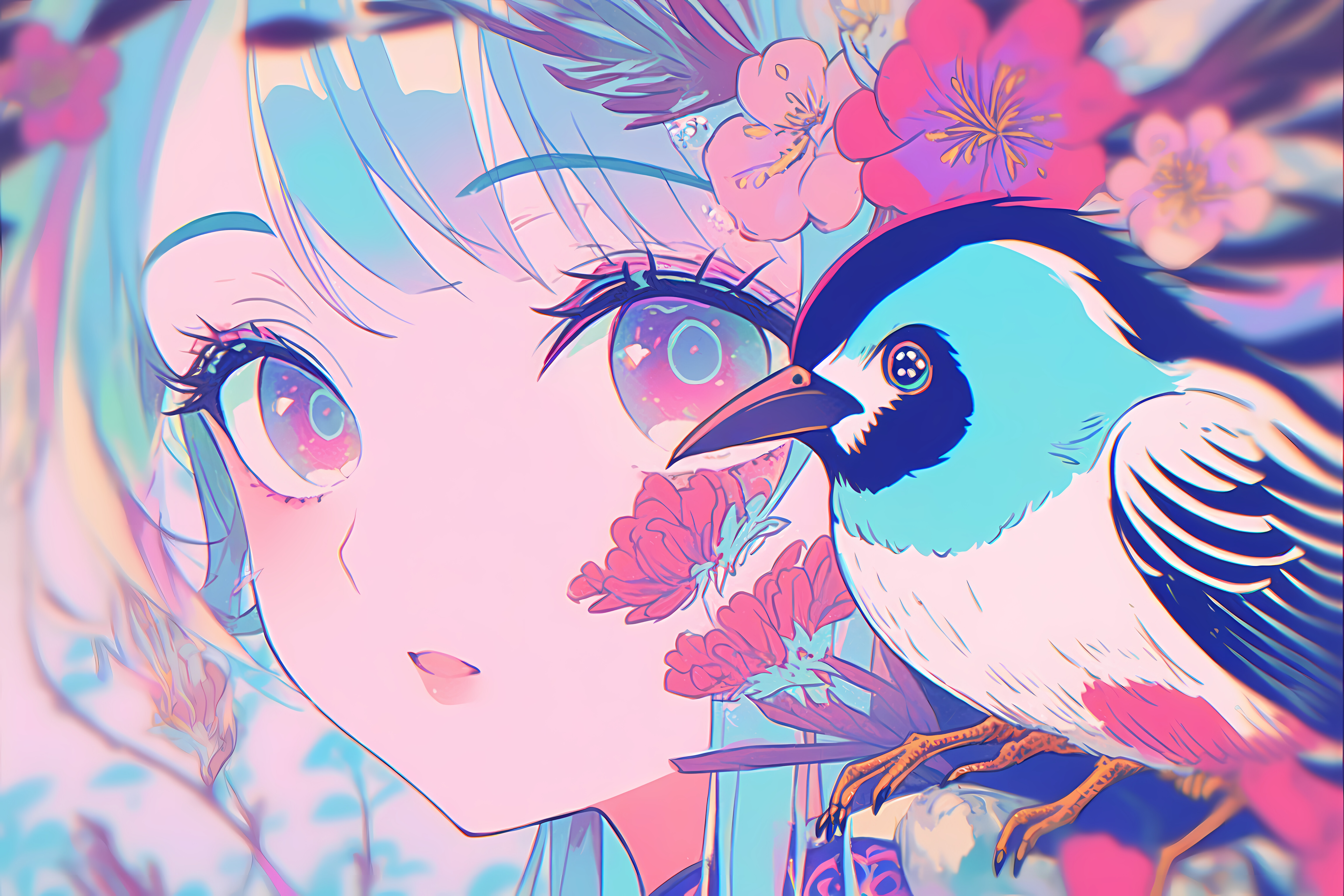 Anime 6144x4096 anime vaporwave colorful birds animals face flowers AI art