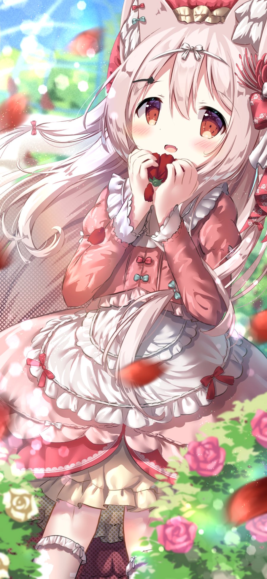 Anime 900x1950 Strawberry Blonde skirt portrait display anime girls dress flowers petals animal ears blushing Pixiv
