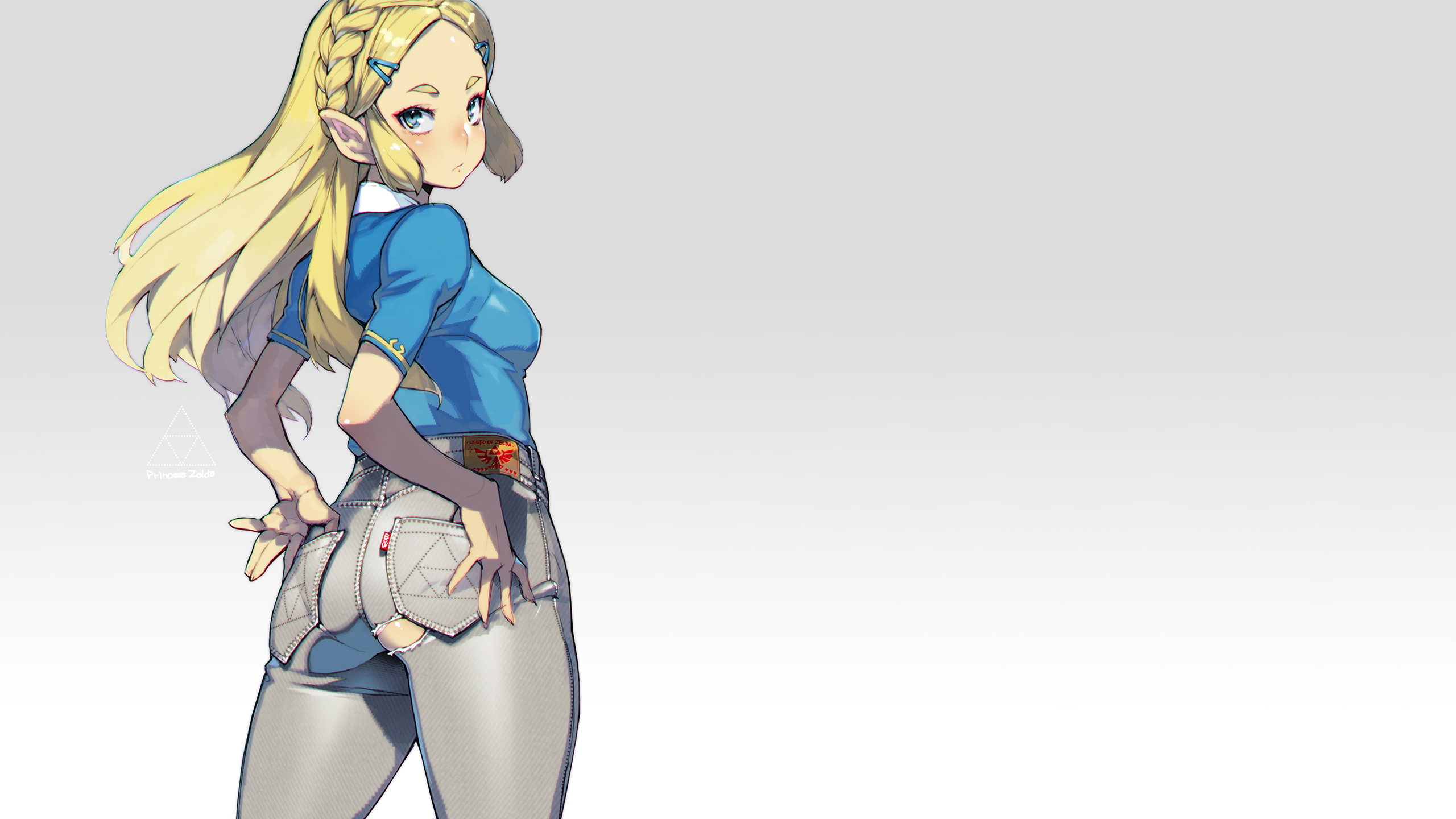 Anime 2560x1440 anime anime girls video game girls simple background minimalism gray background The Legend of Zelda Zelda blushing pointy ears ass thighs torn clothes Namaniku ATK looking back braids elf girl