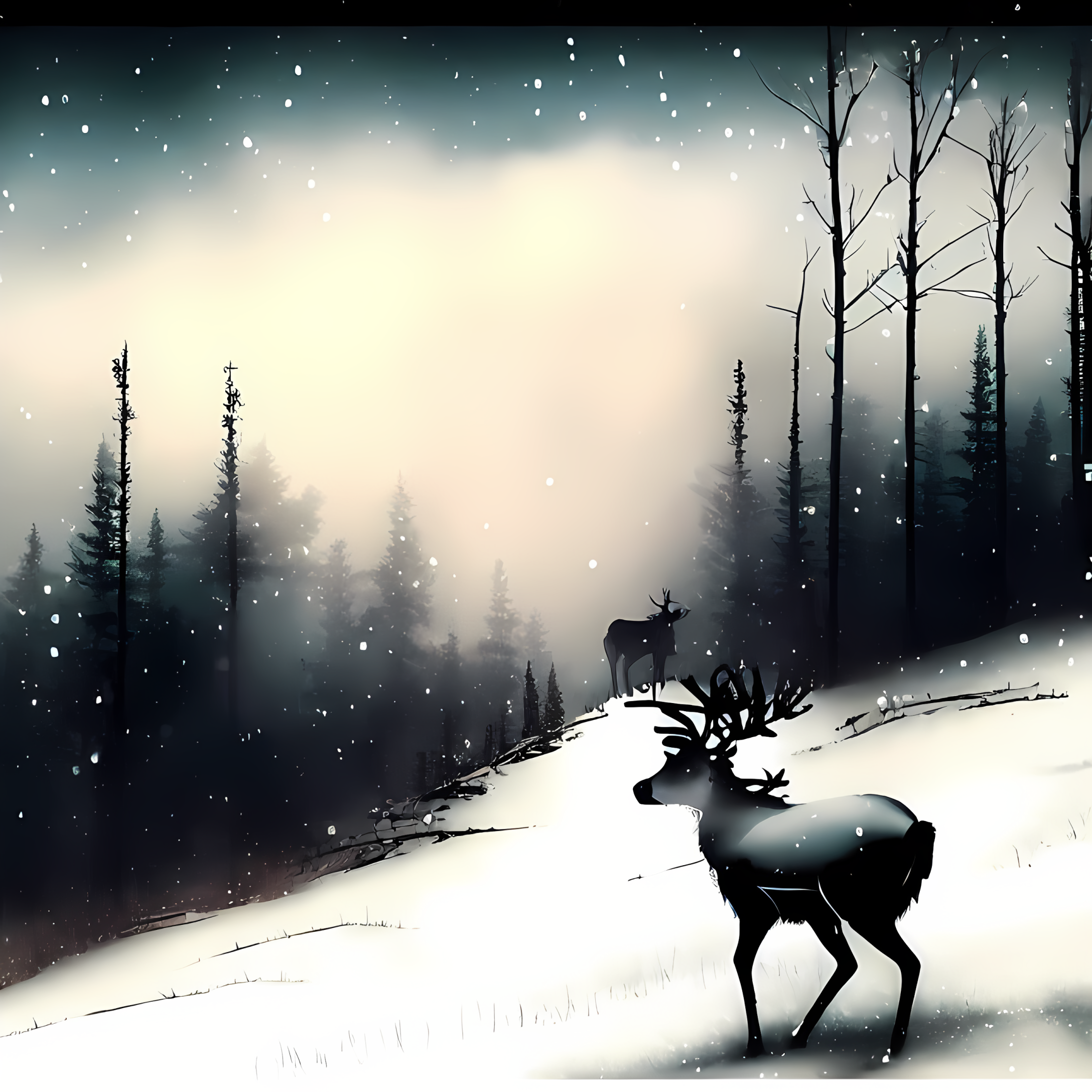 General 2176x2176 winter forest animals nature snow trees deer digital art