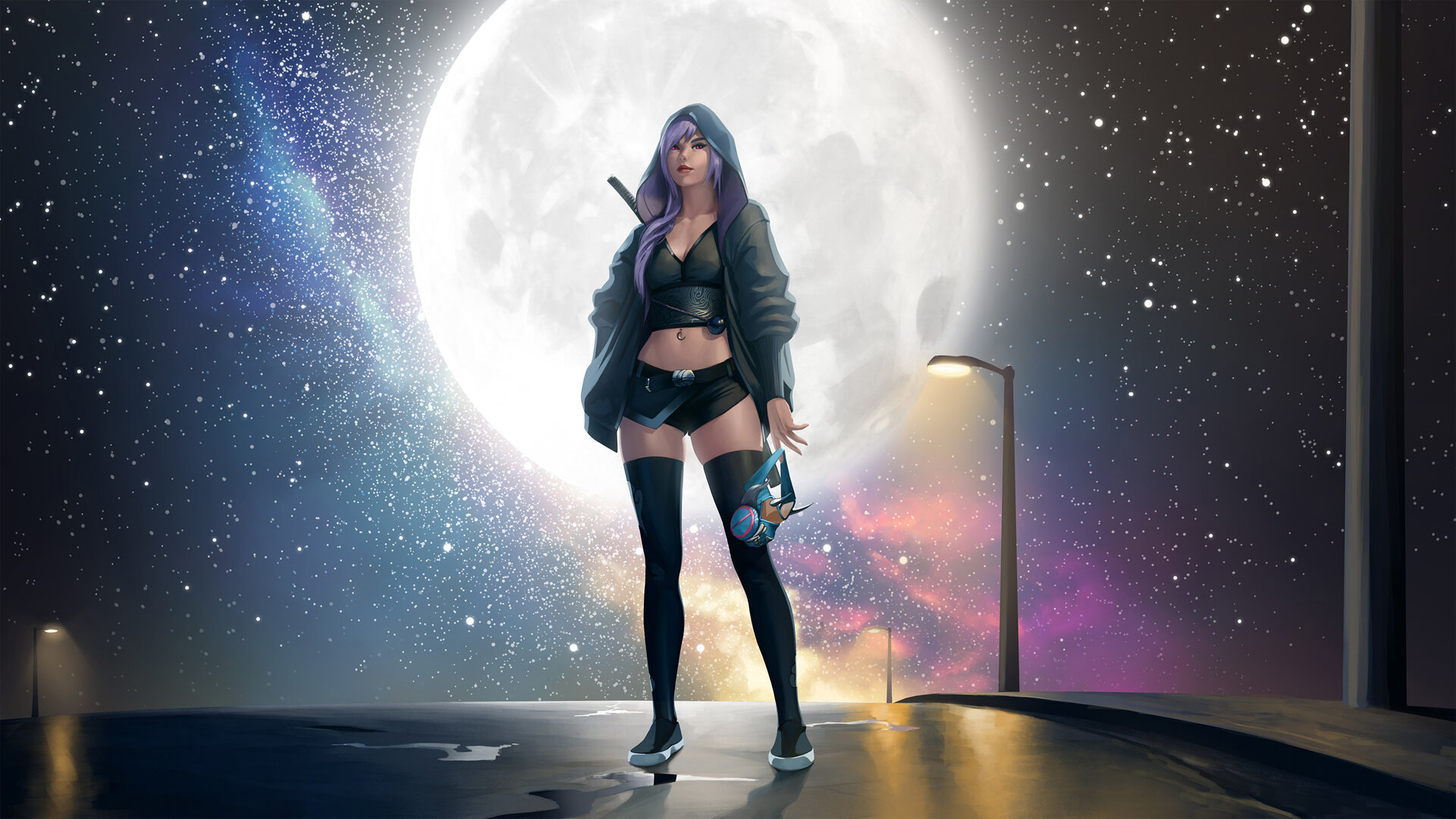 General 1920x1080 women pemamendez Moon short shorts stockings stars starry night mask crop top bare midriff belly belly button pierced navel