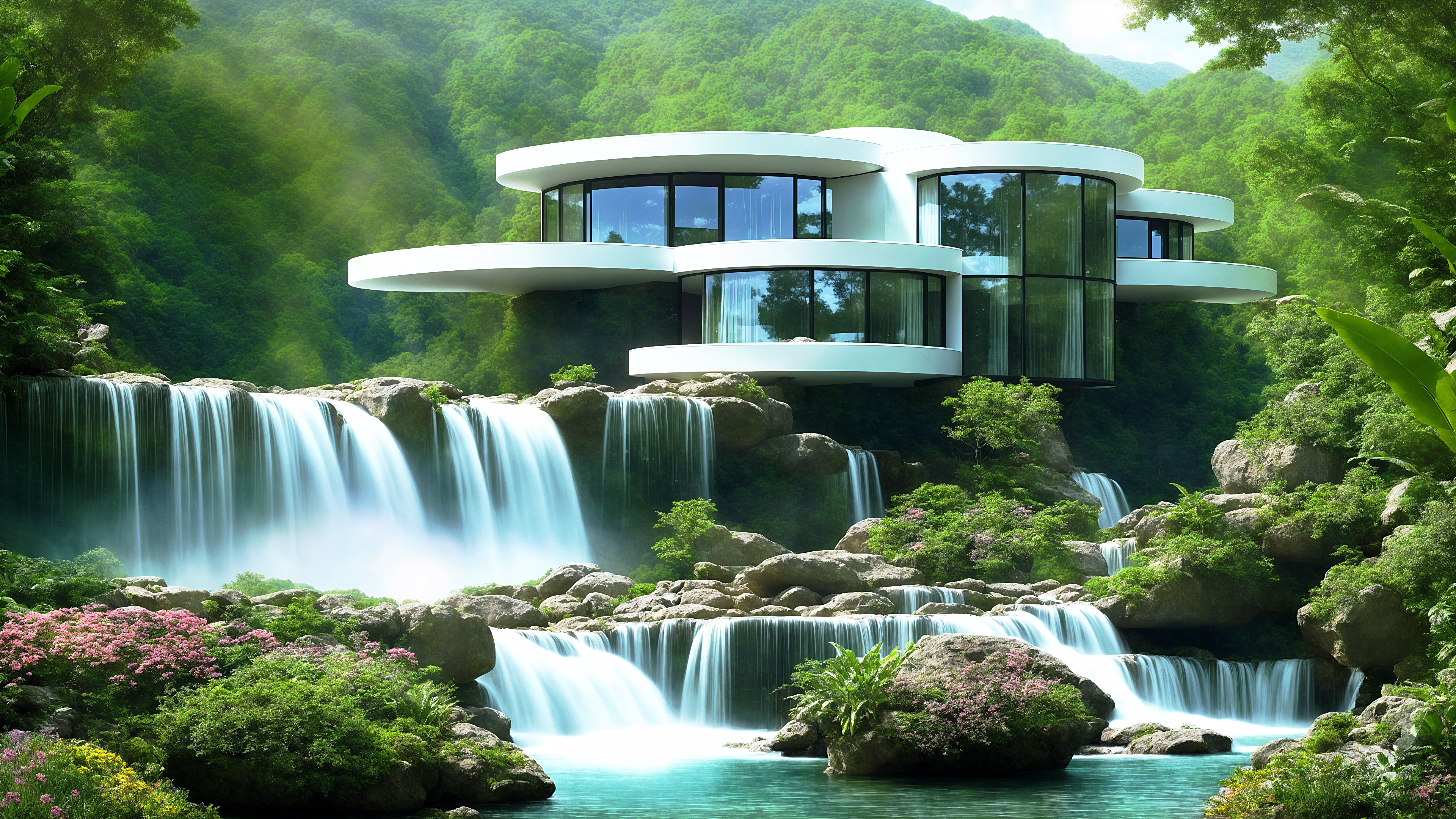 General 3840x2160 modern house nature AI art waterfall water rocks flowers