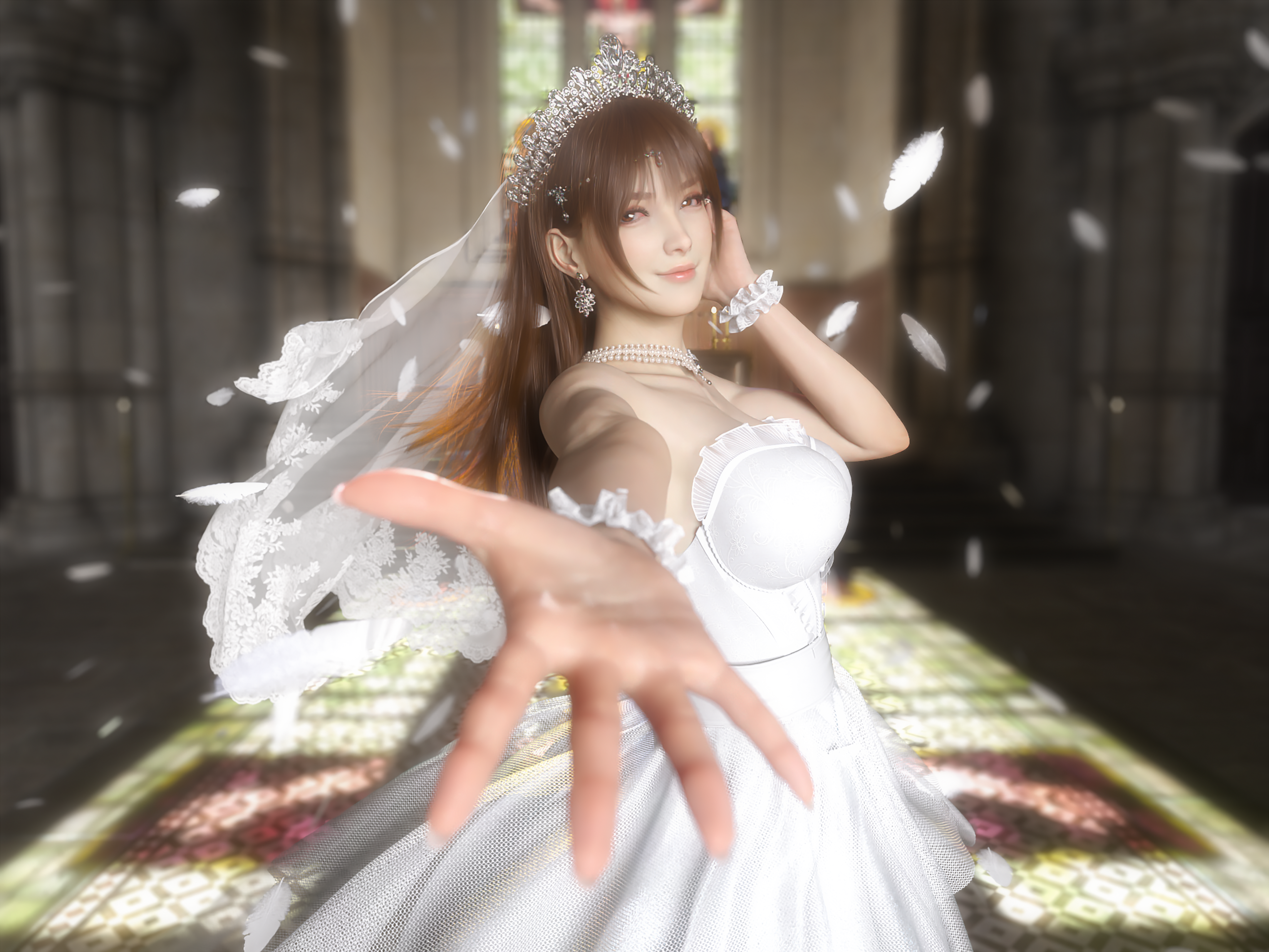 Anime 4096x3072 Kasumi (Dead or Alive) hxwxrf CGI video game girls video game characters Dead or Alive wedding dress arms reaching