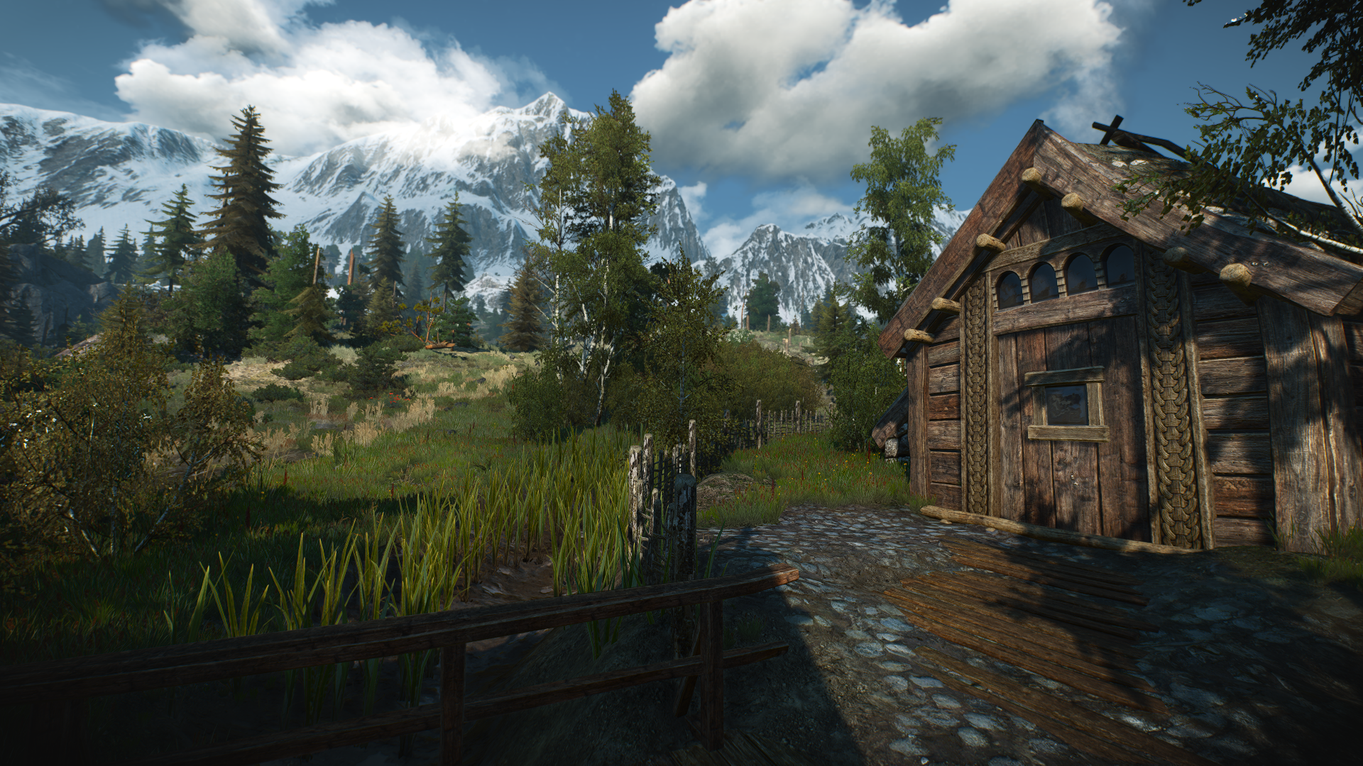 General 1920x1080 The Witcher 3: Wild Hunt video game landscape CD Projekt RED CGI video games trees mountains snow clouds house nature grass