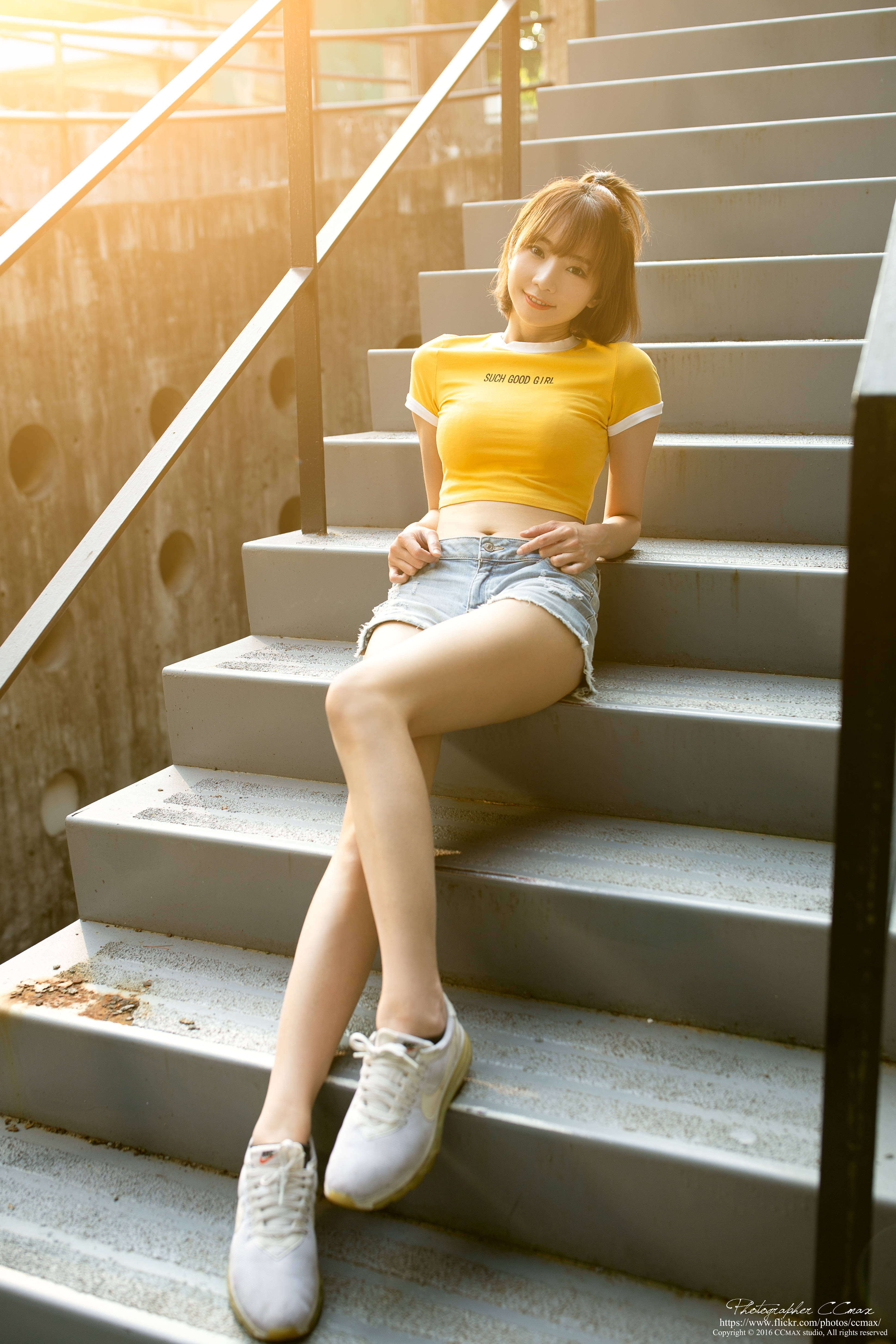People 3295x4942 Max Chang women Asian stairs sunlight yellow clothing legs crop top jean shorts watermarked T-shirt yellow tops