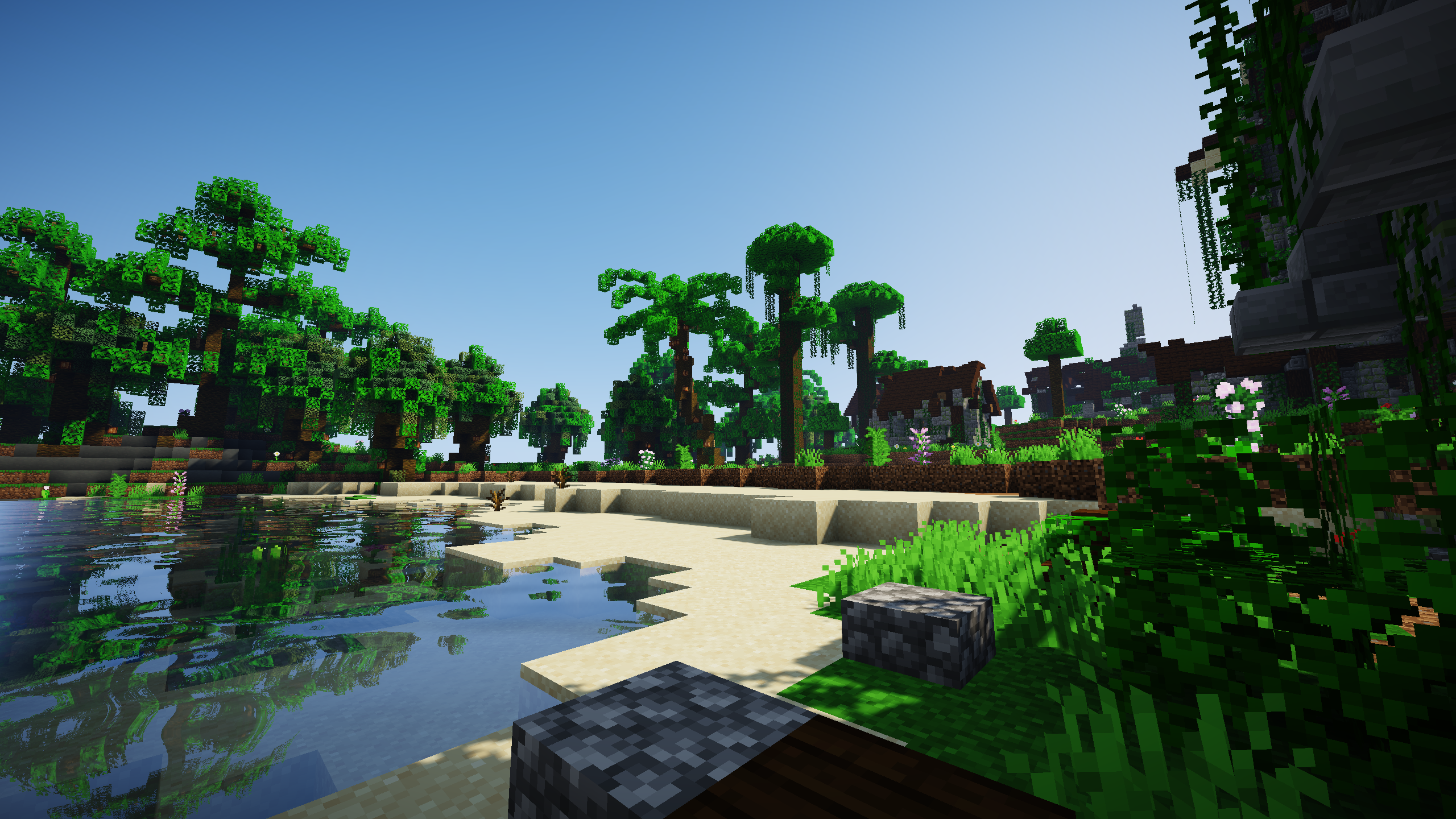 Anime 2560x1440 Minecraft video games water CGI reflection trees shaders