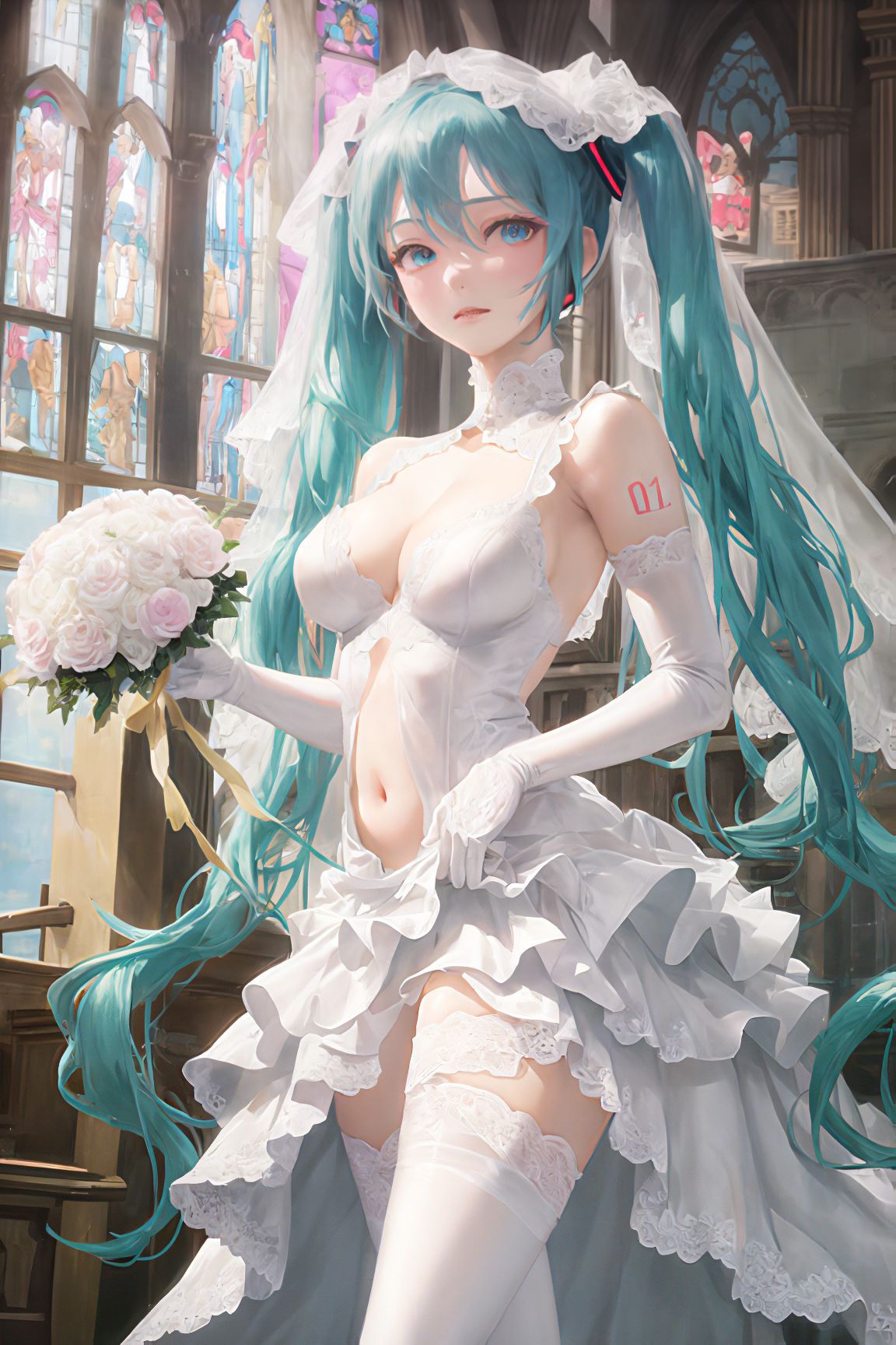 Anime 1152x1728 anime anime girls flowers long hair wedding dress blue eyes Hatsune Miku belly button twintails white clothing white stockings portrait display Vocaloid dress lifting dress elbow gloves stained glass big boobs AI art
