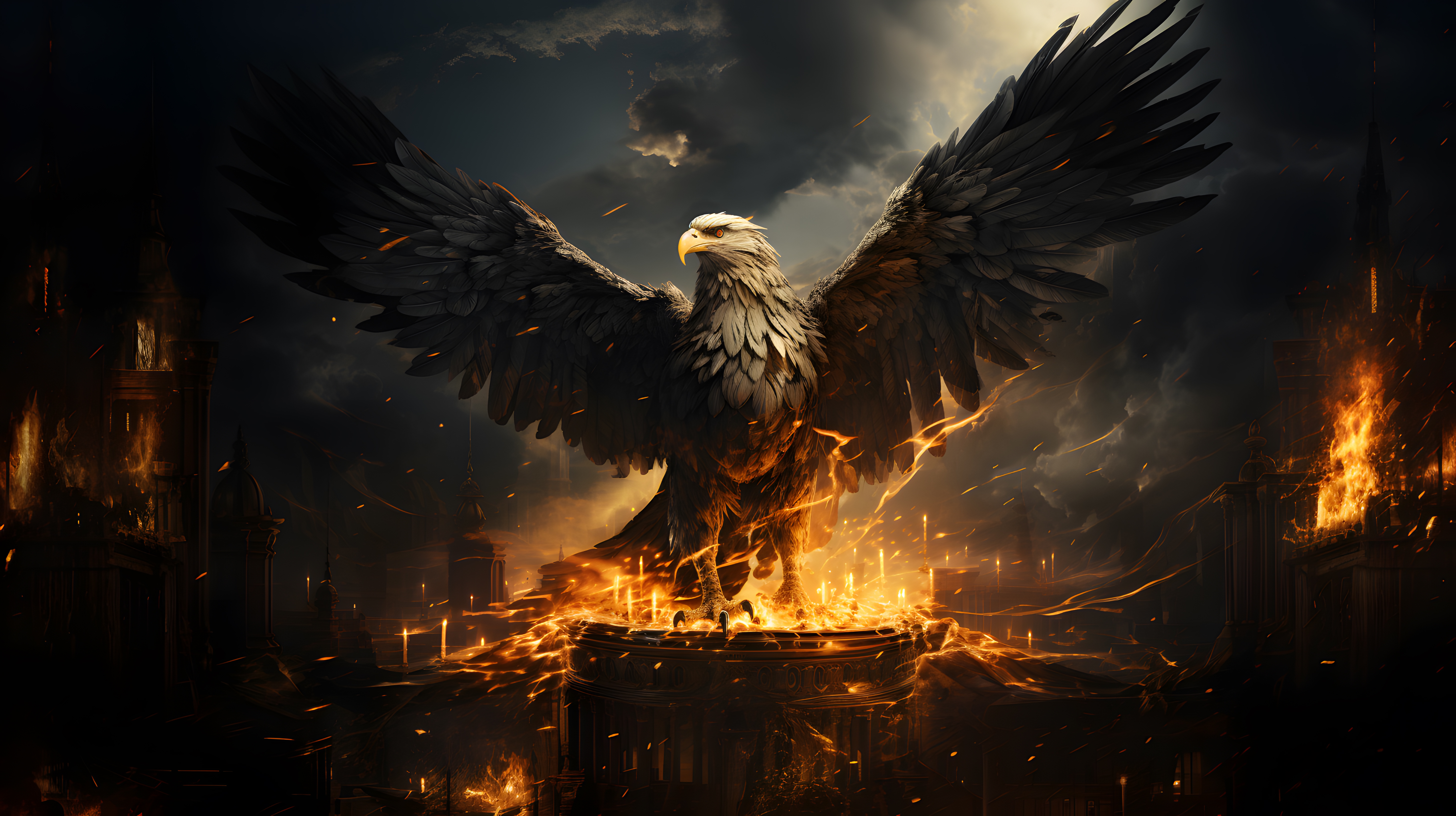 General 5824x3264 AI art eagle animals wings digital art sky clouds fire building