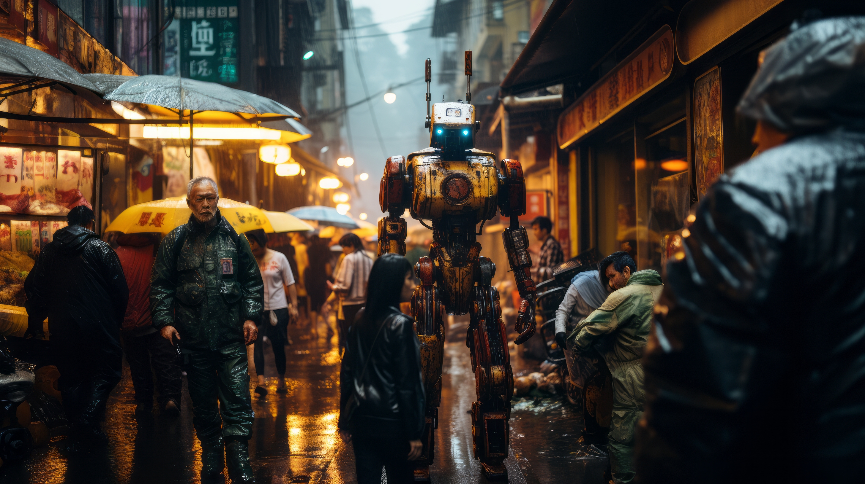 General 2912x1632 AI art cyberpunk robot rain street people umbrella digital art technology glowing eyes building