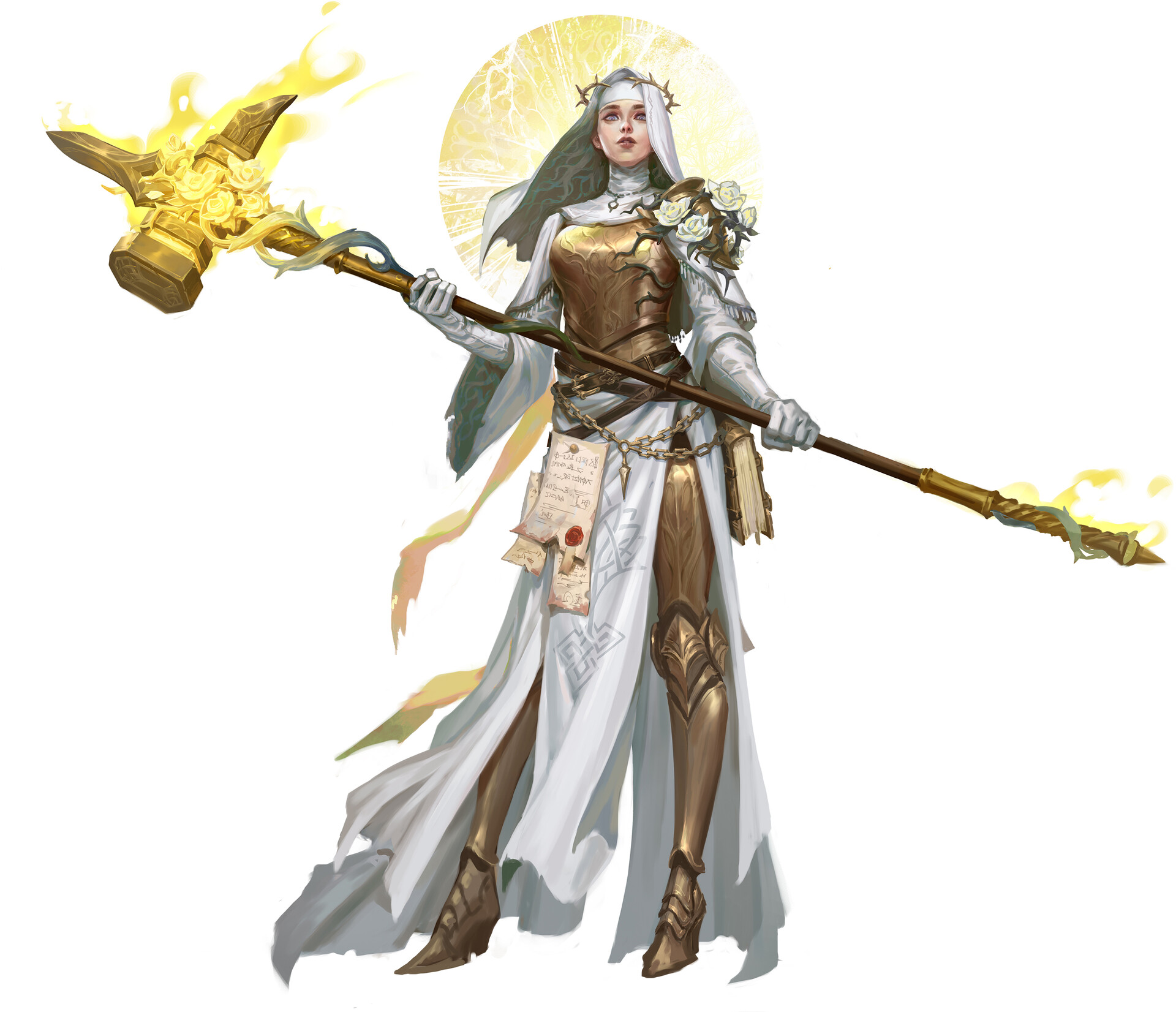 General 1920x1652 Sun Haiyang drawing women cleric hammer fantasy art white background simple background minimalism long hair looking at viewer fantasy girl armor weapon flowers
