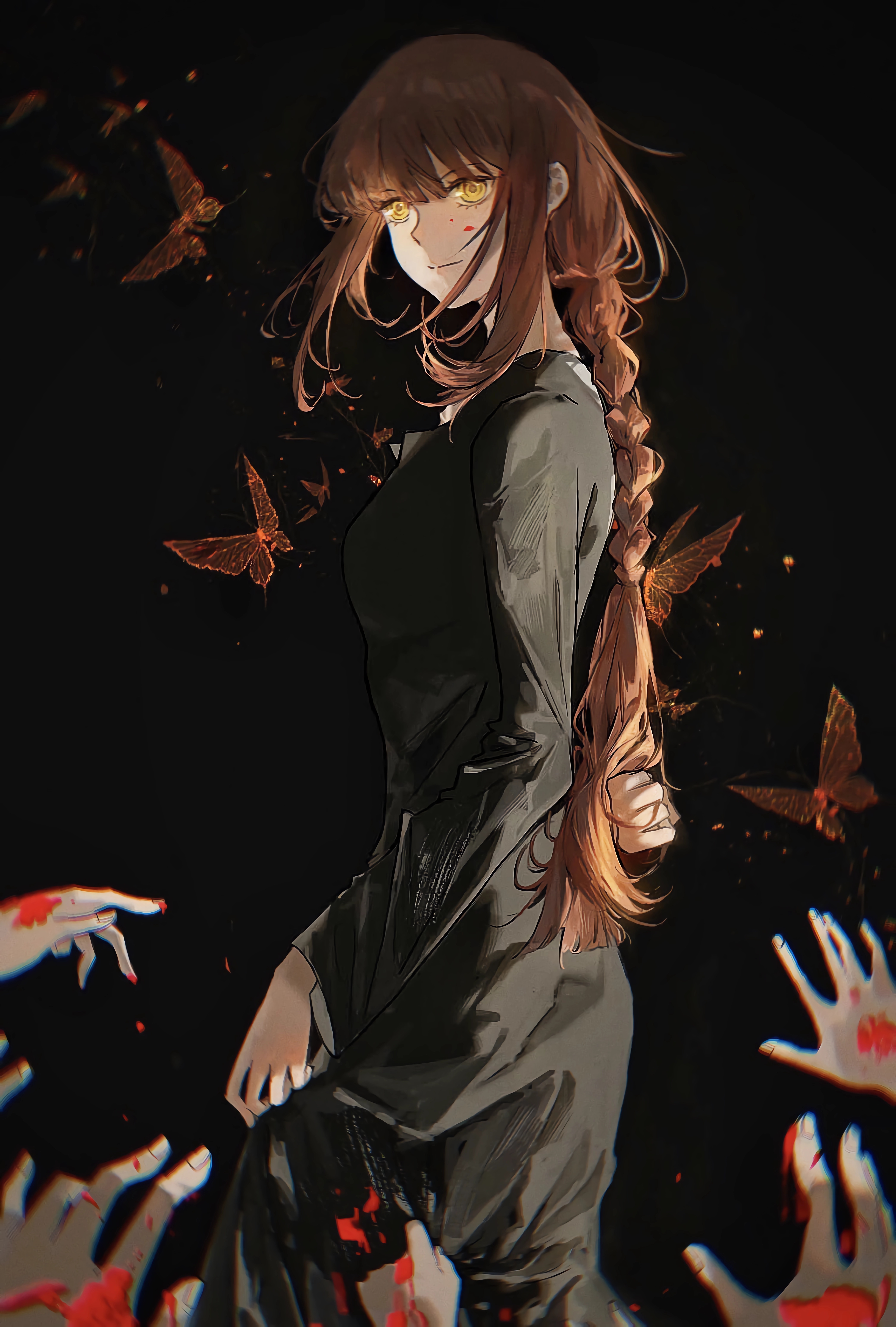 Anime 4156x6152 anime Makima (Chainsaw Man) Chainsaw Man anime girls portrait display long hair redhead yellow eyes braids looking at viewer hands butterfly minimalism black background simple background