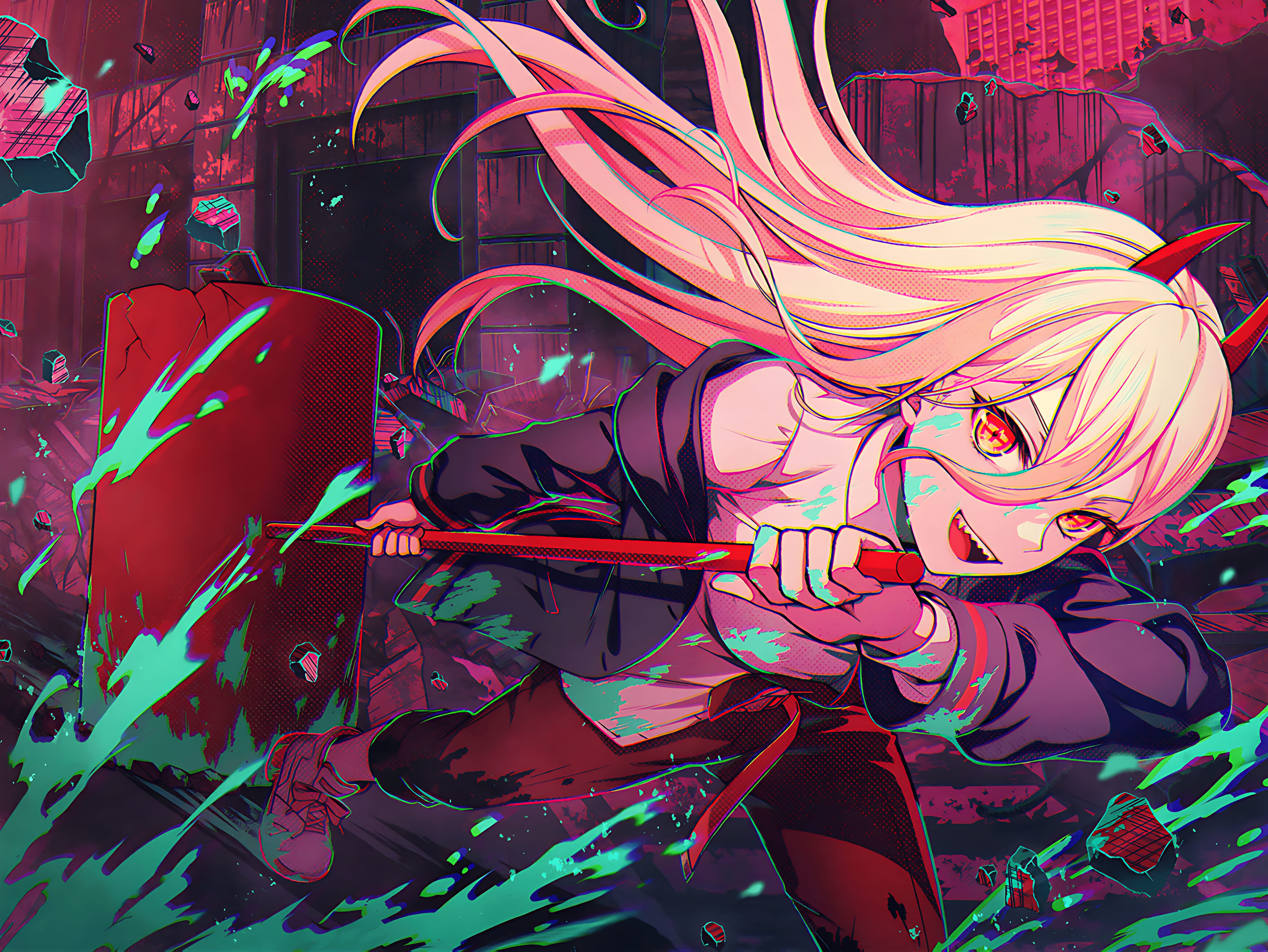 Anime 5336x4008 anime girls anime Power (Chainsaw Man) Chainsaw Man long hair looking at viewer weapon pointy teeth blonde yellow eyes horns open mouth debris