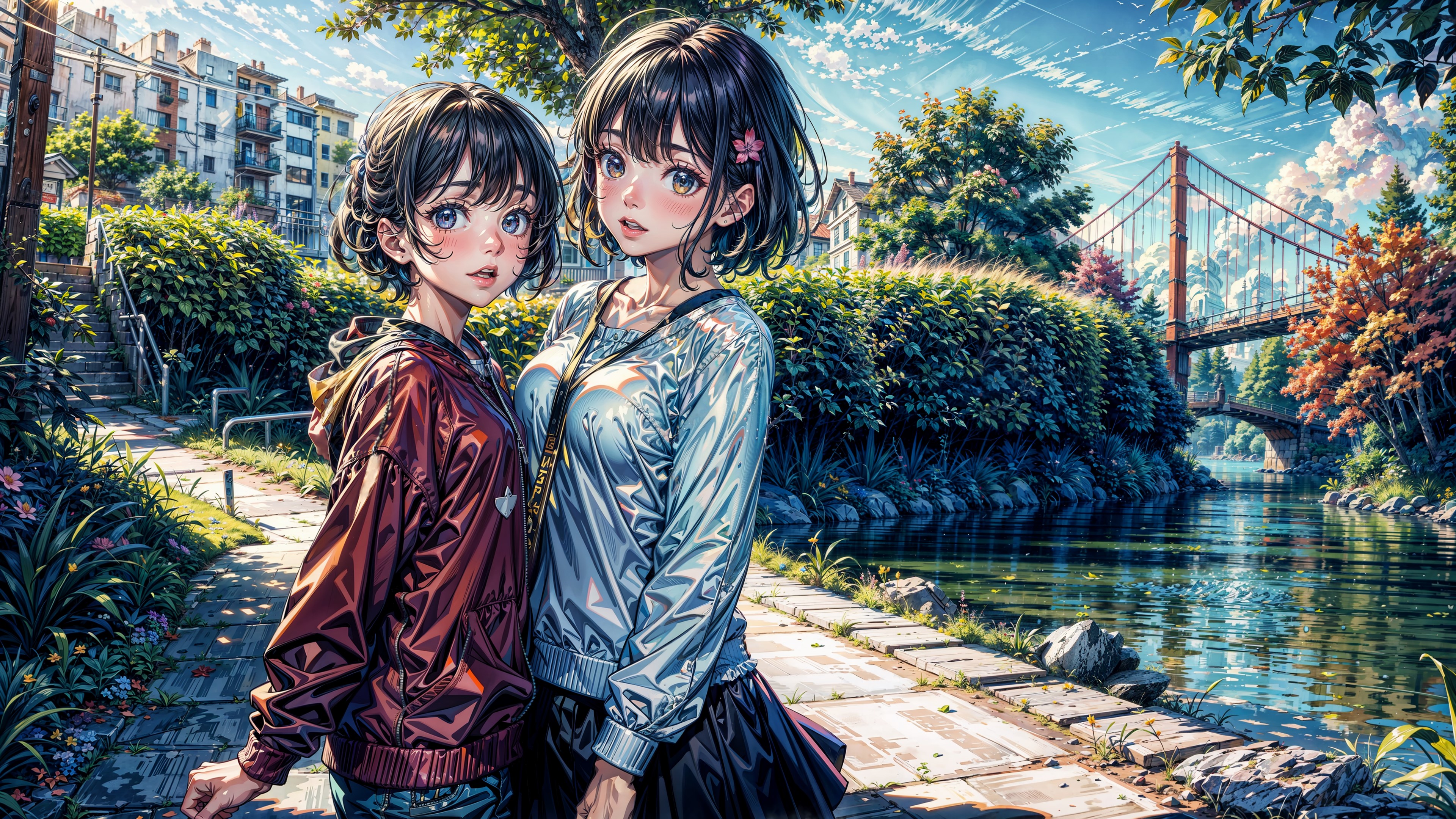 Anime 3840x2160 AI art standing looking at viewer nature river city bushes trees short hair blue eyes hazel eyes comforting idyllic friendship anime girls 4K Stable Diffusion photopea DeviantArt water reflection bridge sky clouds flower in hair stairs flowers leaves sunlight building