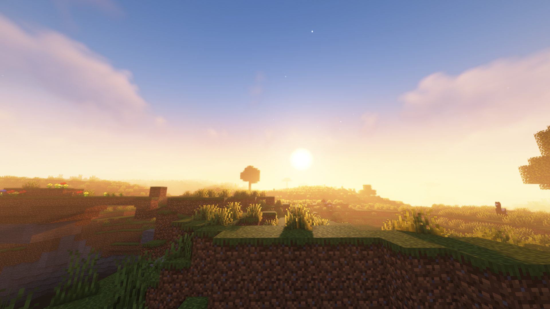 General 1920x1080 Minecraft shaders sunlight video games sunset sunset glow sky clouds cube CGI trees