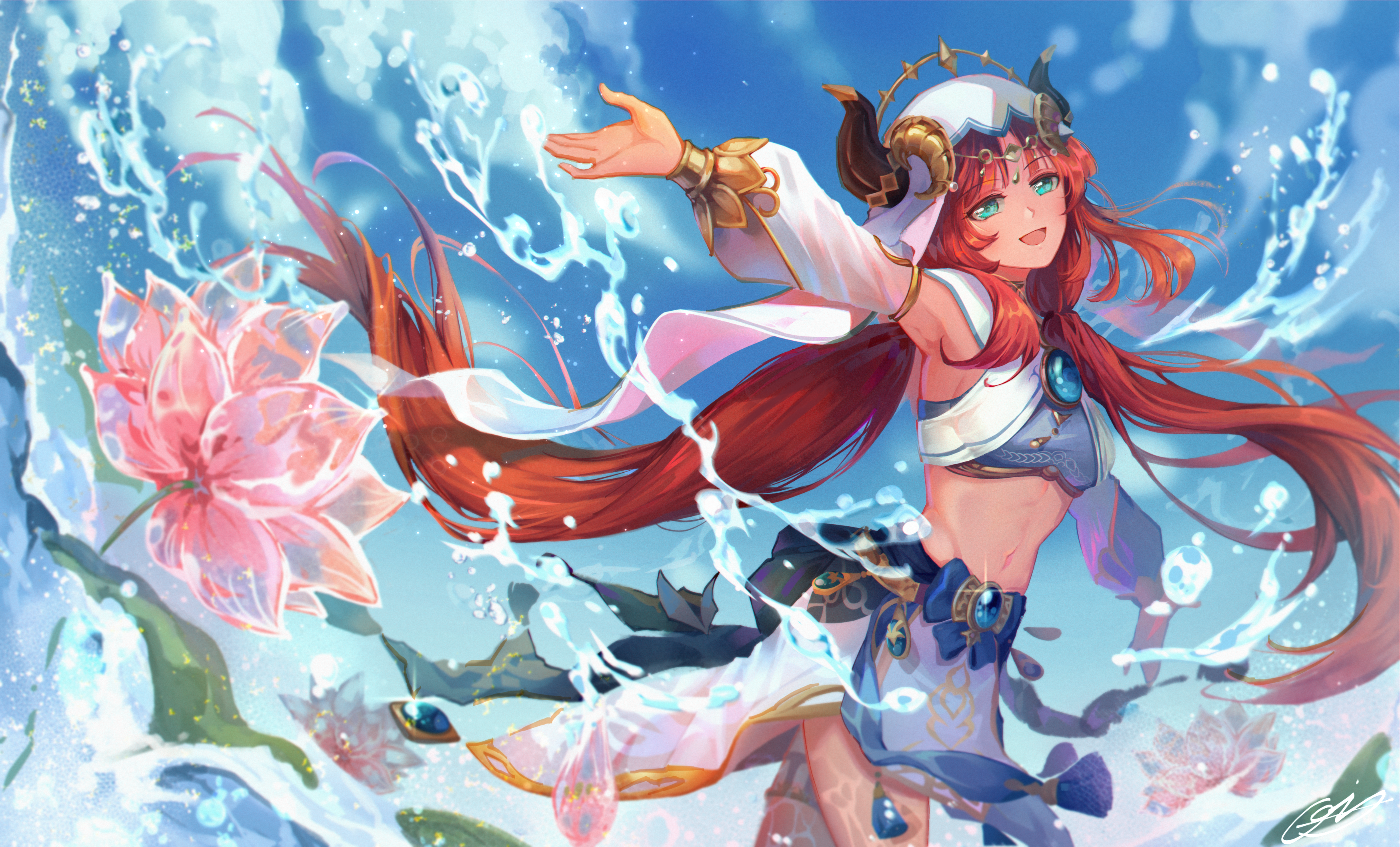 Anime 3500x2118 anime anime girls Nilou (Genshin Impact) Genshin Impact long hair redhead blue eyes sky clouds water flowers looking at viewer twintails