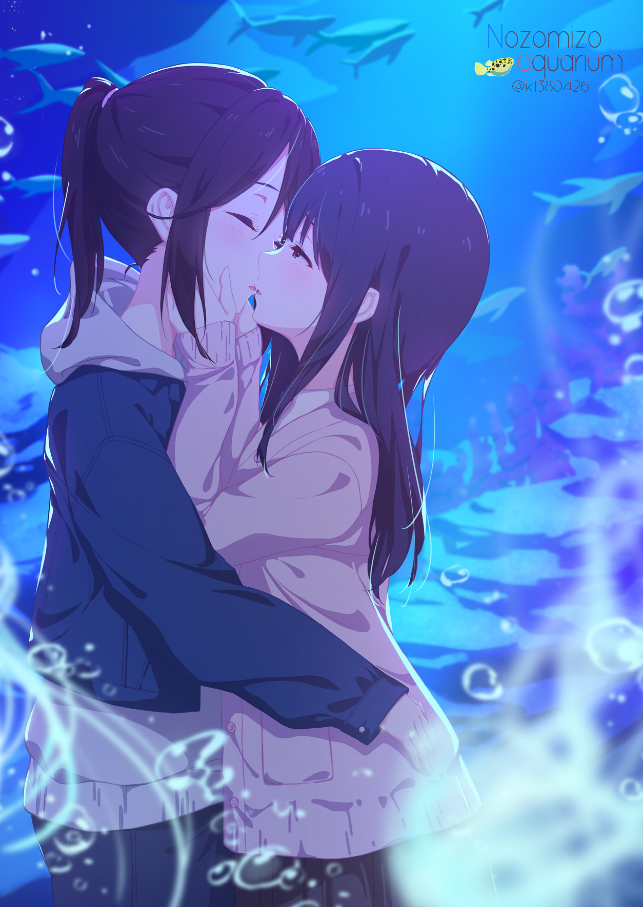 Anime 1254x1770 anime anime girls portrait display yuri bubbles hugging kissing long hair lesbians