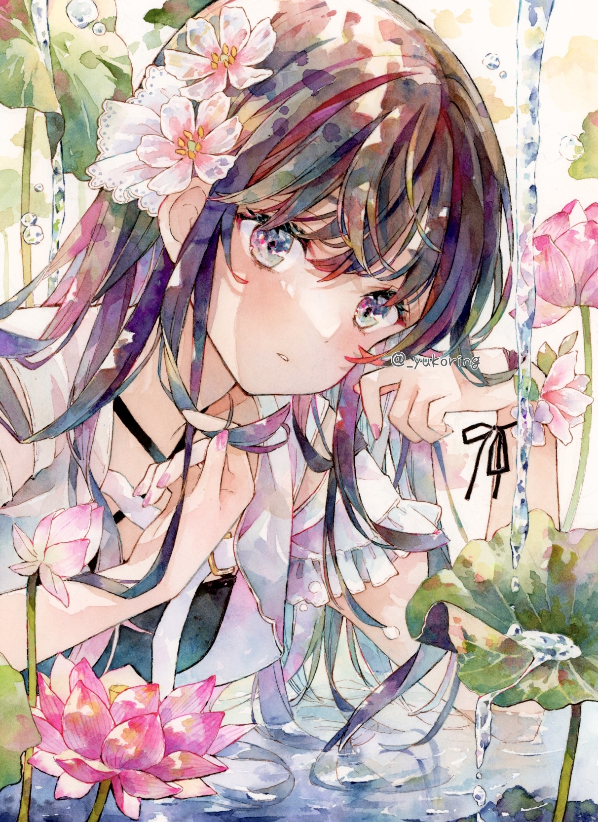 Anime 1212x1666 anime anime girls portrait display long hair flower in hair flowers water looking at viewer watermarked leaves