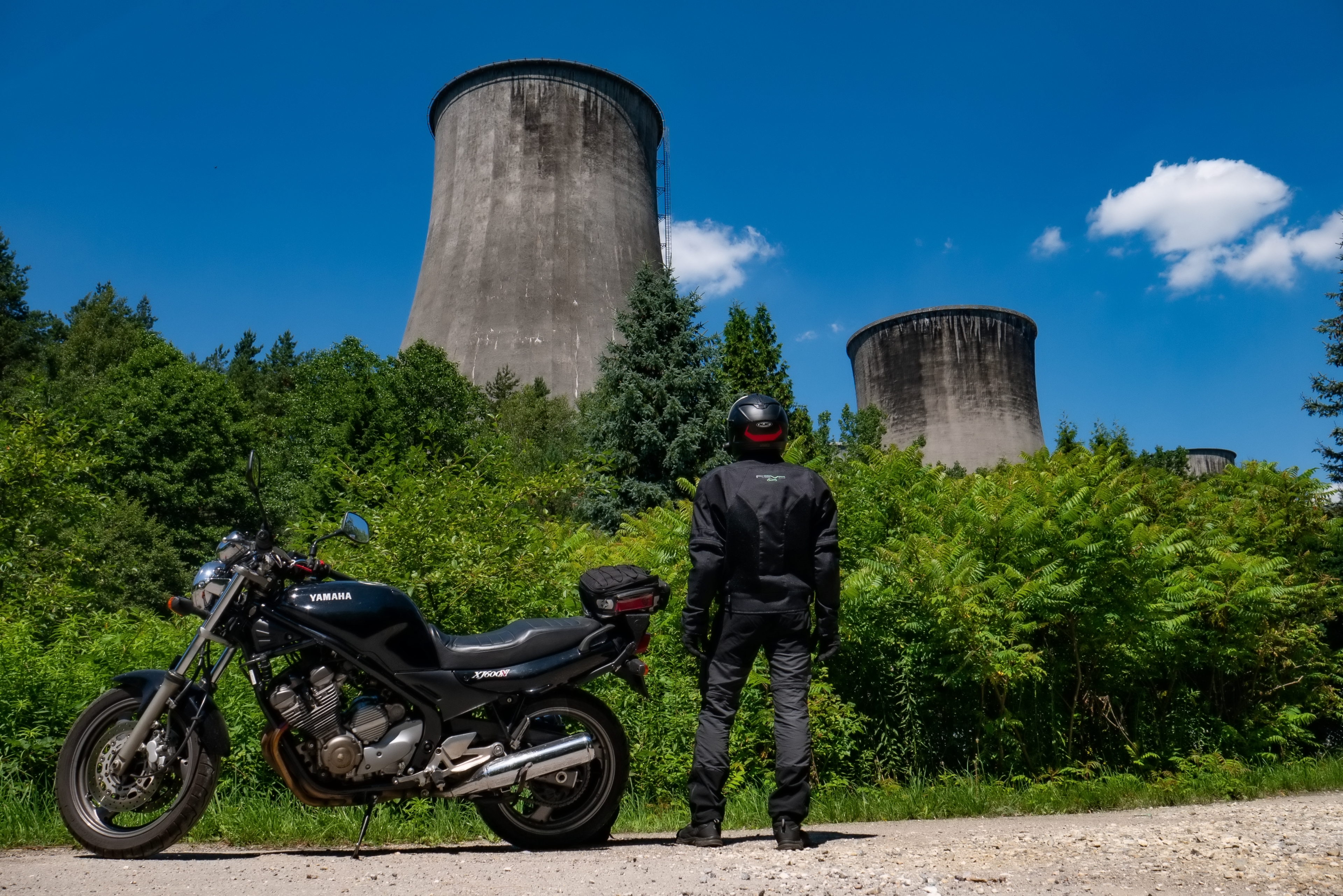 People 3840x2562 motorcycle Yamaha Poland forest industrial cooling towers Japanese motorcycles sky standing helmet side view vehicle trees clouds ground