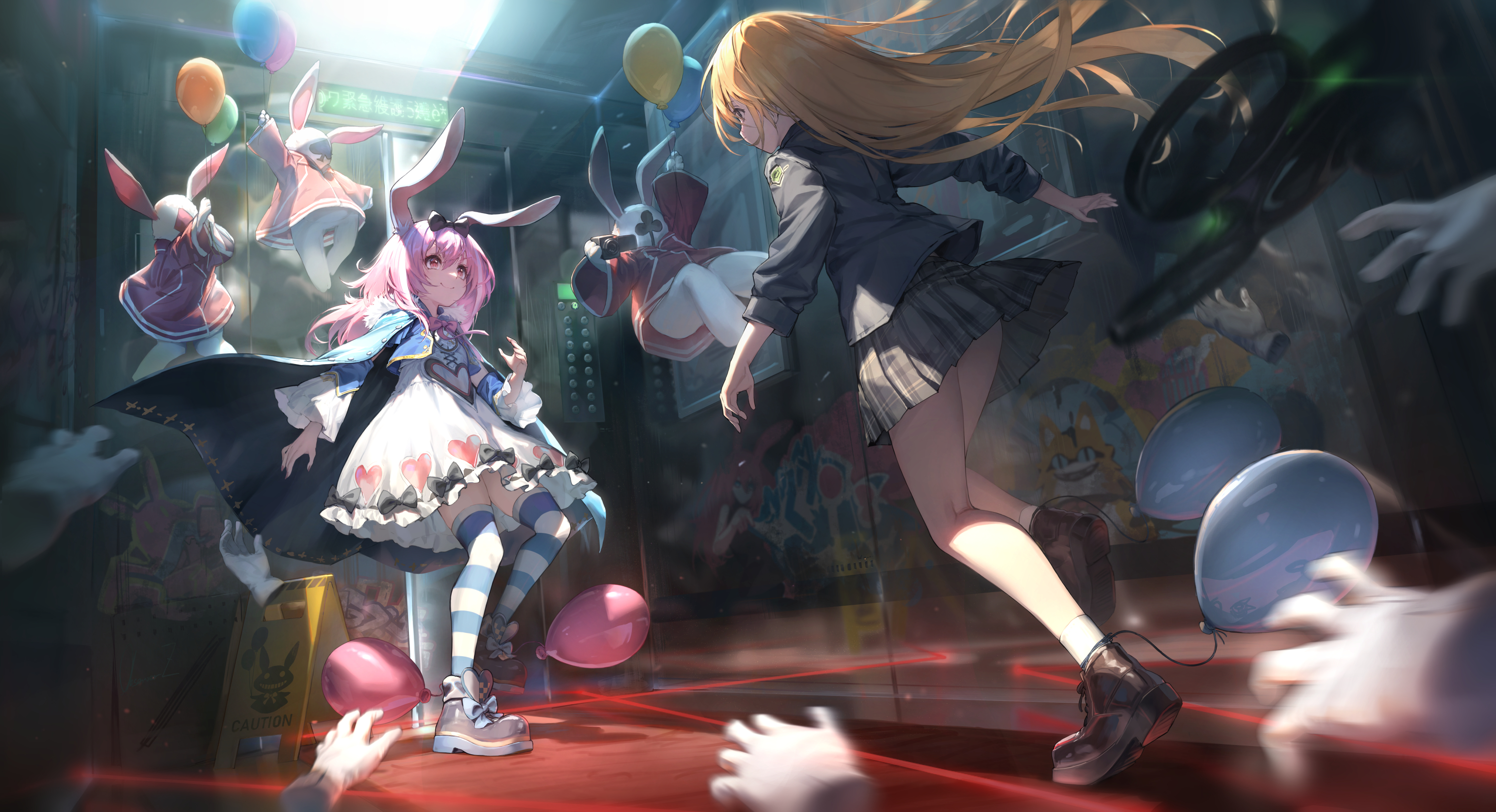 Anime 3080x1673 anime girls bunny ears bunny girl balloon running long hair smiling caution hands