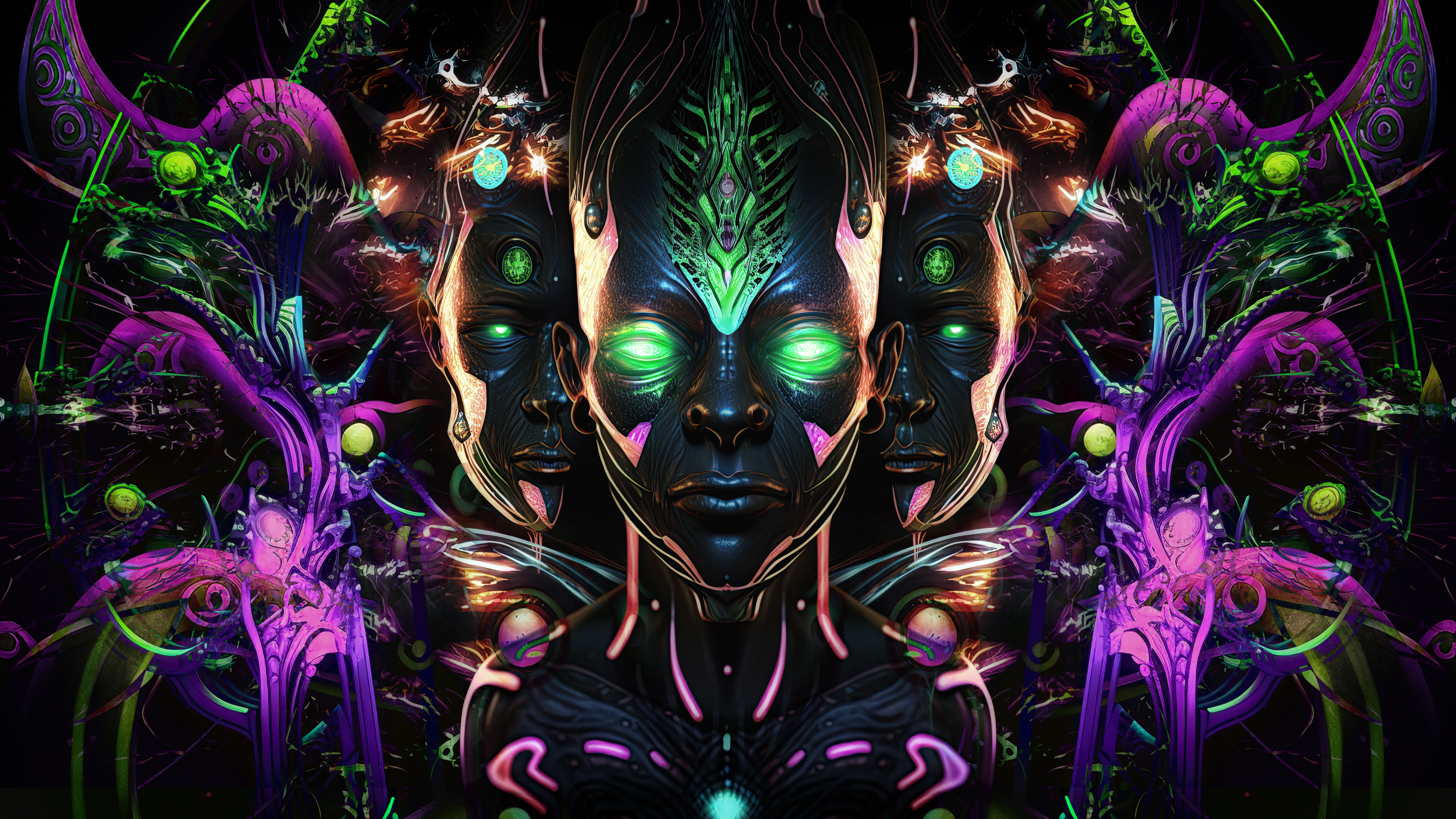 General 3642x2048 aliens trippy colorful digital art glowing eyes face looking at viewer