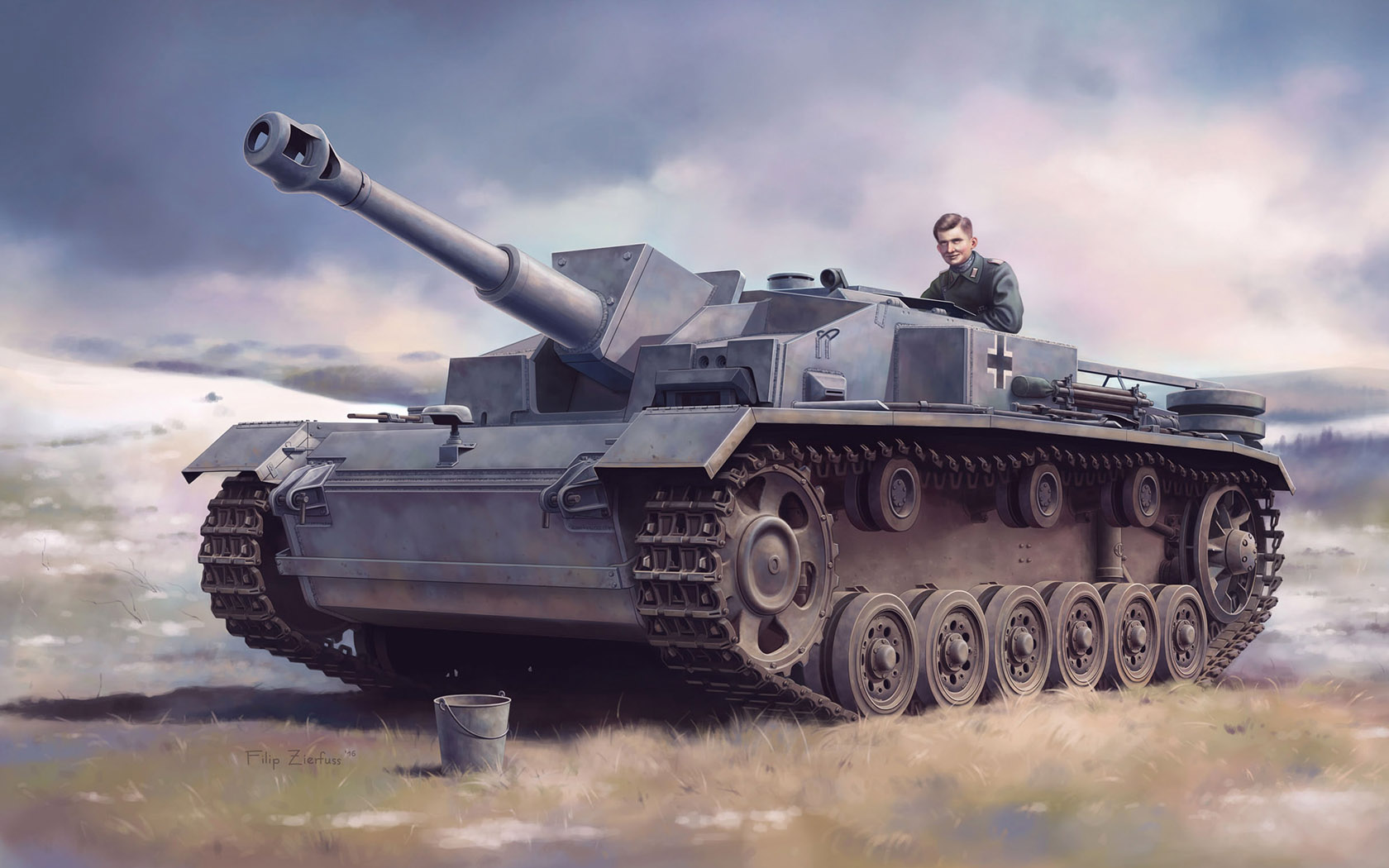 General 1680x1050 tank army military military vehicle artwork men soldier sky clouds smiling bucket Stug III German tanks World War II