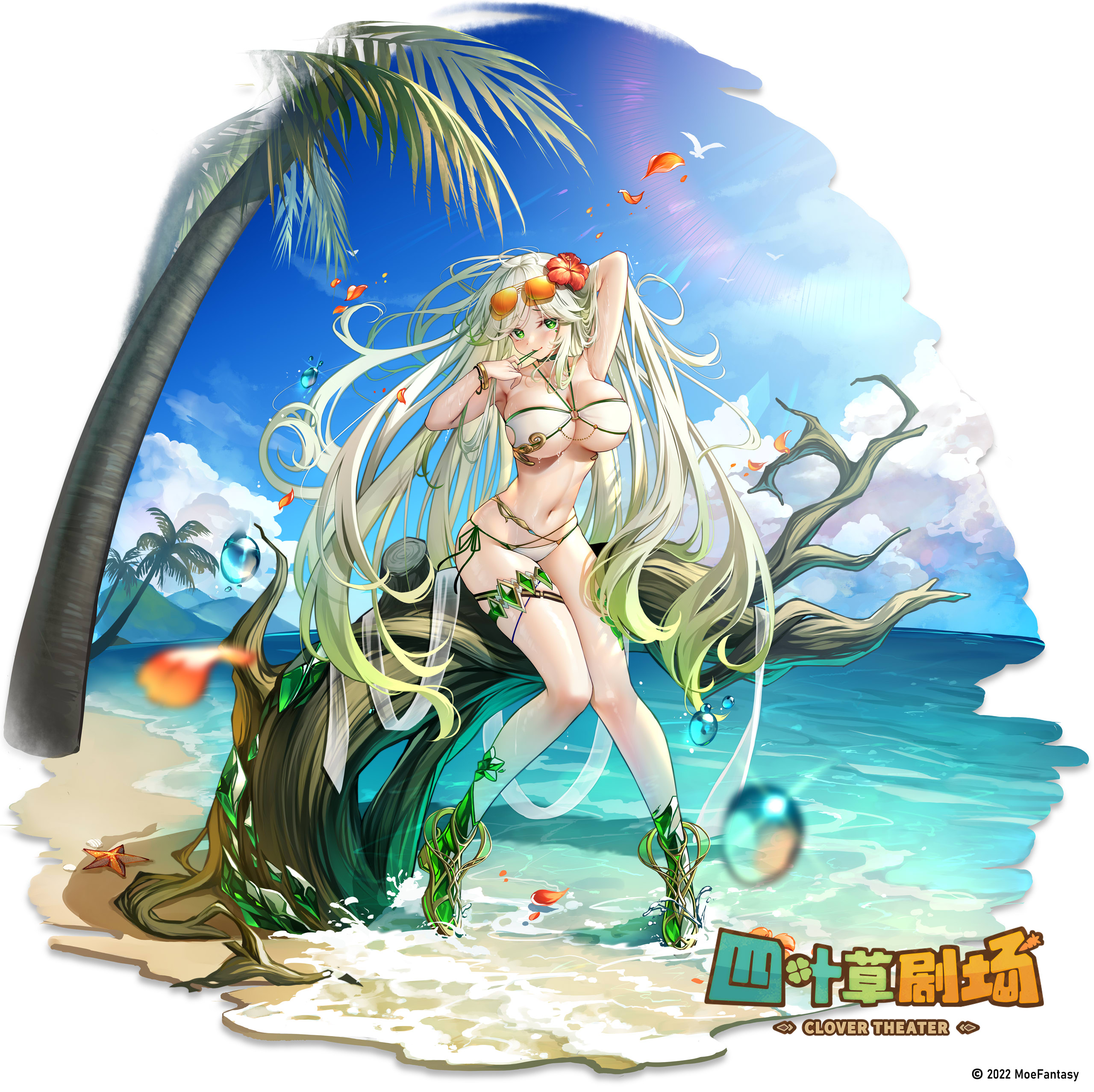 Anime 2560x2556 Clover Theater anime girls beach looking at viewer white bikini bikini women on beach sky gradient hair long hair palm trees branch hills simple background white background logo multi-colored hair sea sitting flower in hair hibiscus sunglasses thigh strap belly button belly two tone hair white hair green hair big boobs cleavage water drops petals starfish one arm up armpits sunlight lens flare waves green eyes swimwear MeIoN outdoors flowers gems smiling heart eyes thighs watermarked 2022 (year)