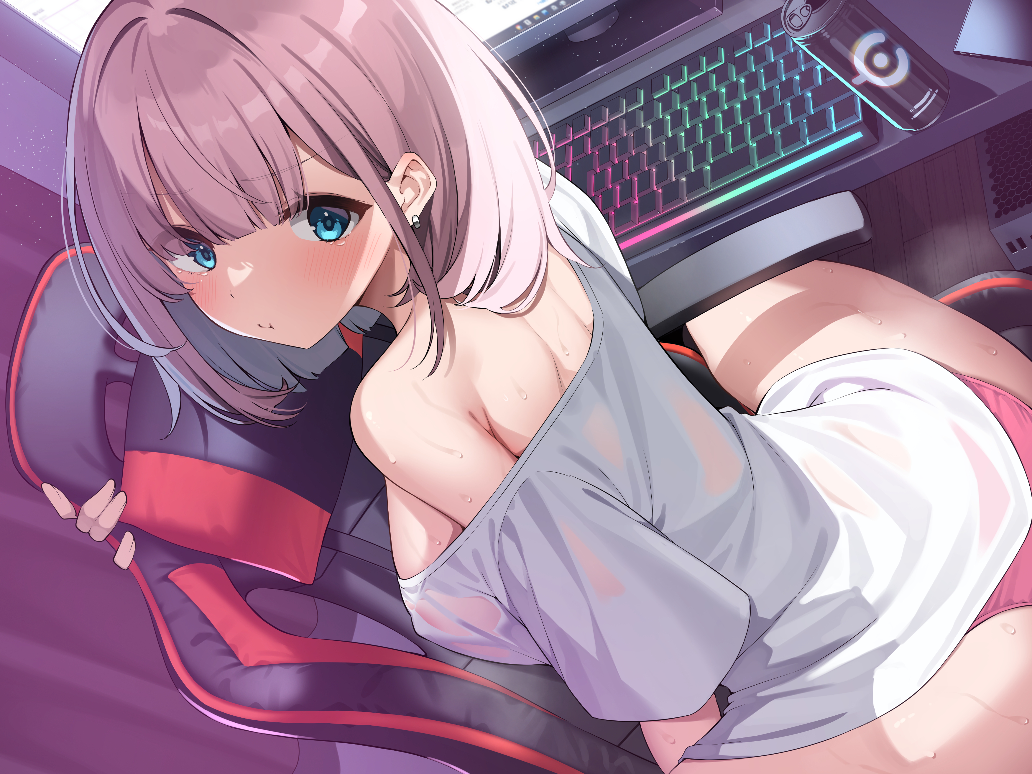 Anime 3500x2625 anime girls RGB looking at viewer sweat sweaty body panties blushing can drink sideboob big boobs gaming chair computer earring spread legs short hair pouting T-shirt bare shoulders bright