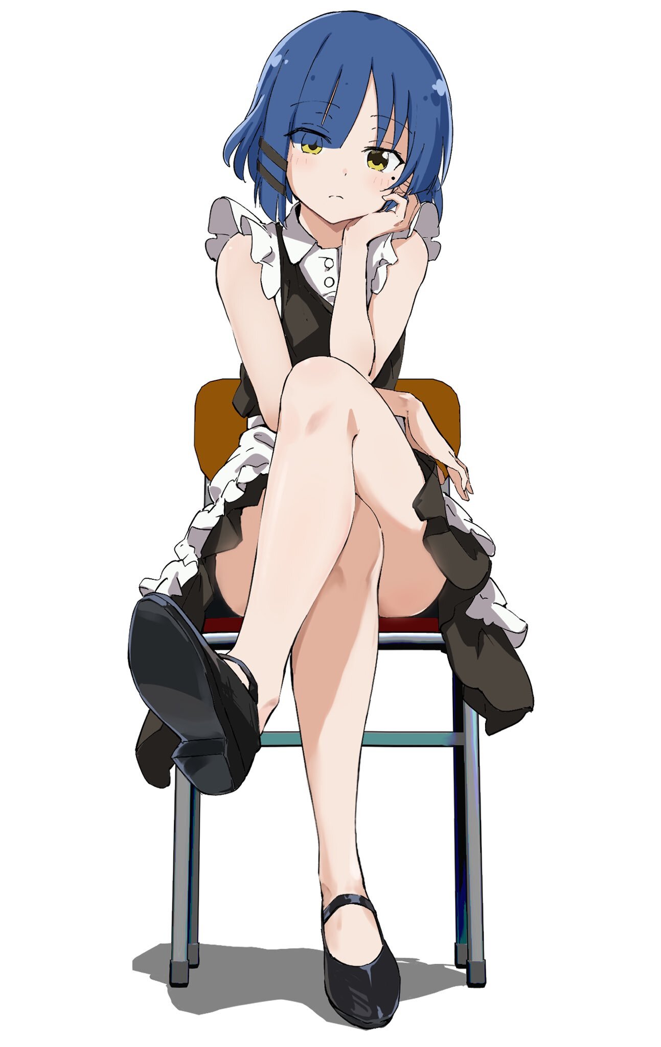 Anime 1293x2048 anime legs explicit view perspective anime girls portrait display BOCCHI THE ROCK! Ryo Yamada sitting legs crossed blue hair looking at viewer white background simple background Mura Karuki hand on face