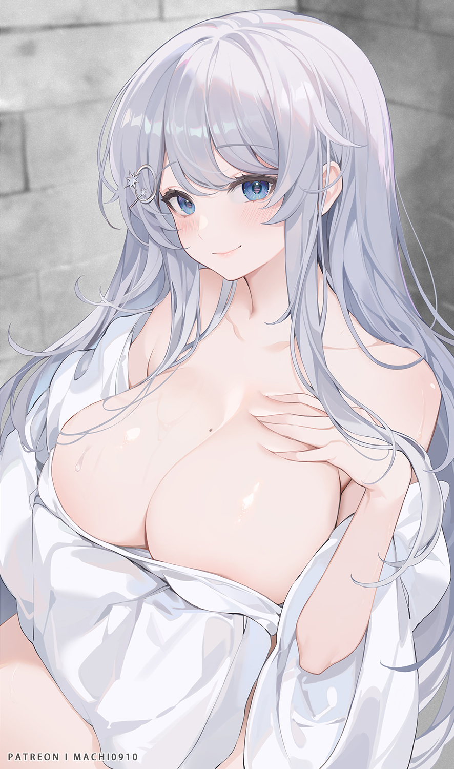 Anime 886x1500 Machi anime girls blue eyes portrait display cleavage big boobs moles mole on breast looking at viewer smiling long hair watermarked silver hair