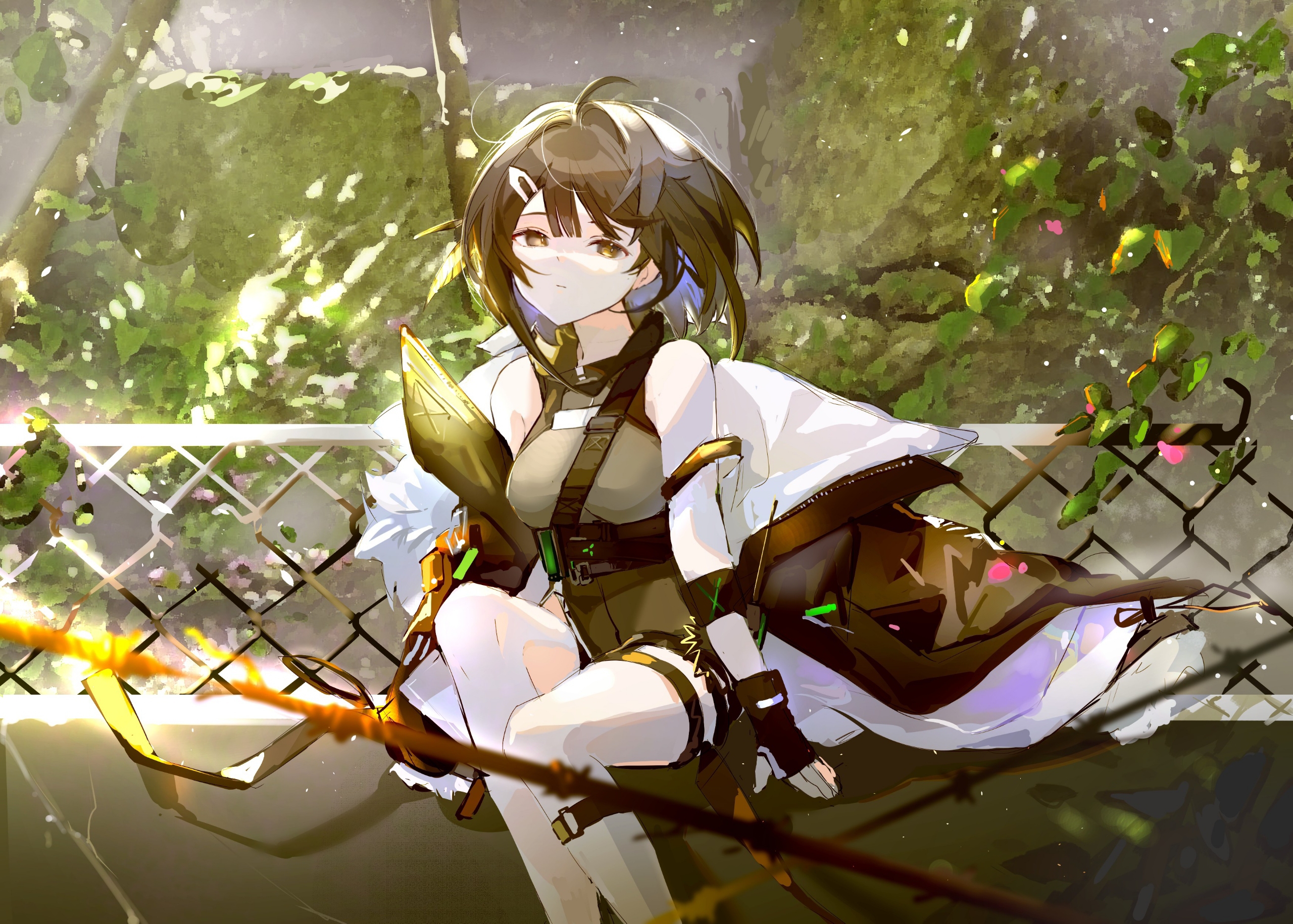 Anime 2560x1829 anime anime girls Arknights La Pluma(Arknights) looking at viewer short hair sitting fence gloves sunlight leaves brown eyes