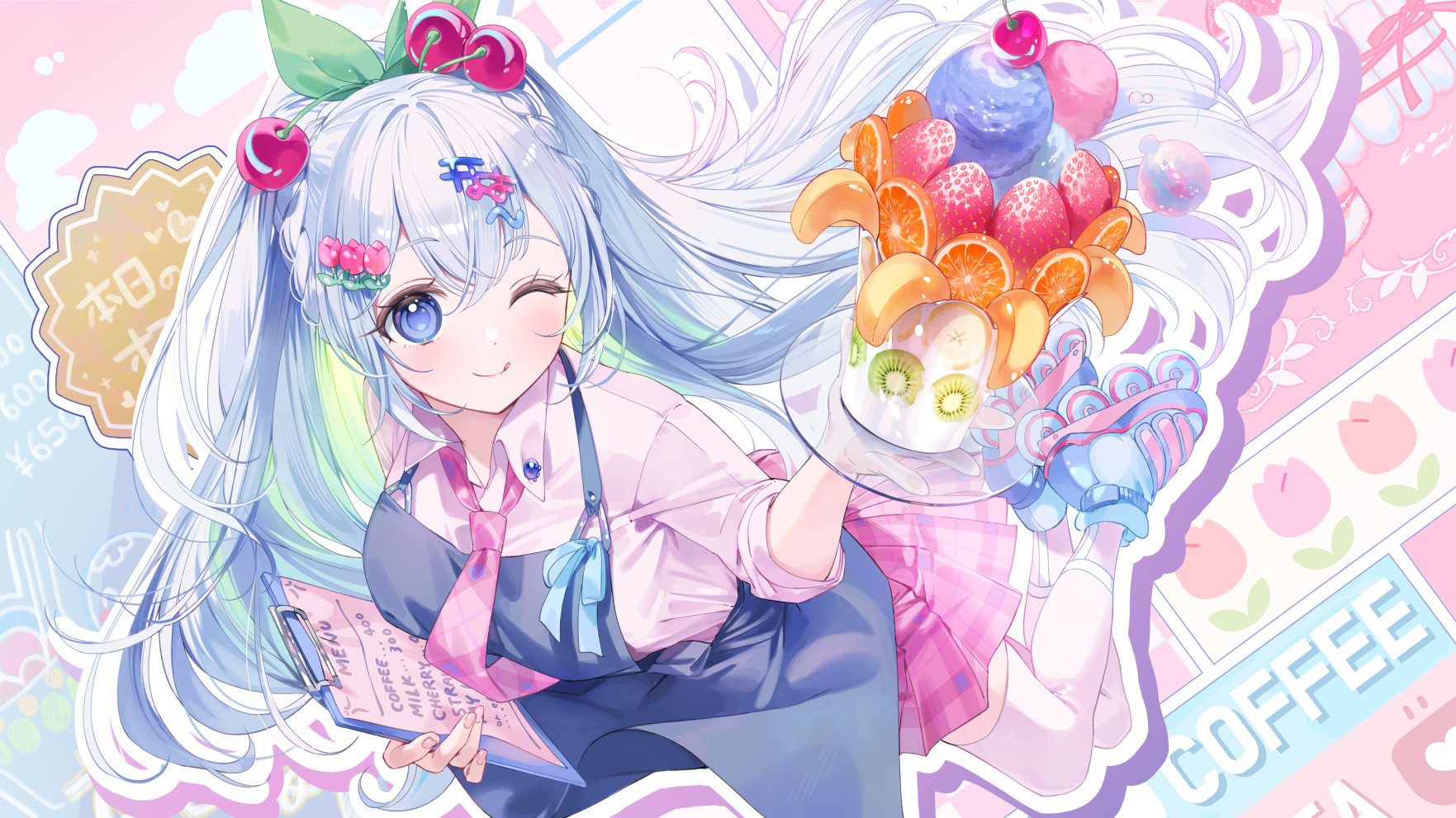 Anime 1763x991 Pixiv anime food anime girls smiling tongue out one eye closed fruit looking at viewer apron blue hair blue eyes Japanese tie long hair